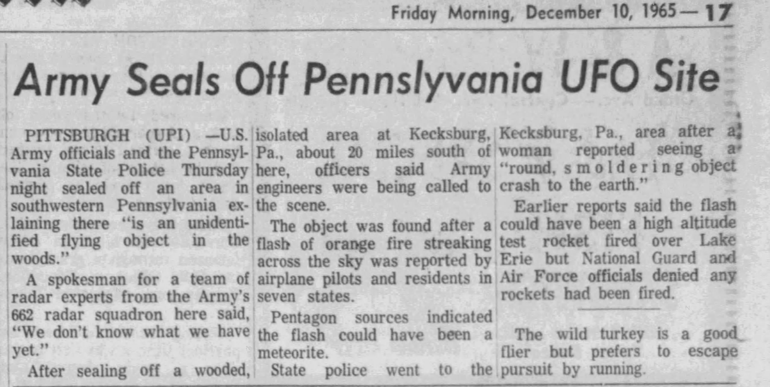 Black-and-white newspaper clipping with the headline "Army Seals Off Pennsylvania UFO Site" dated Friday, December 10, 1965; article about the U.S. Army sealing off near Kecksburg, PA following reports of a round, smoldering object.