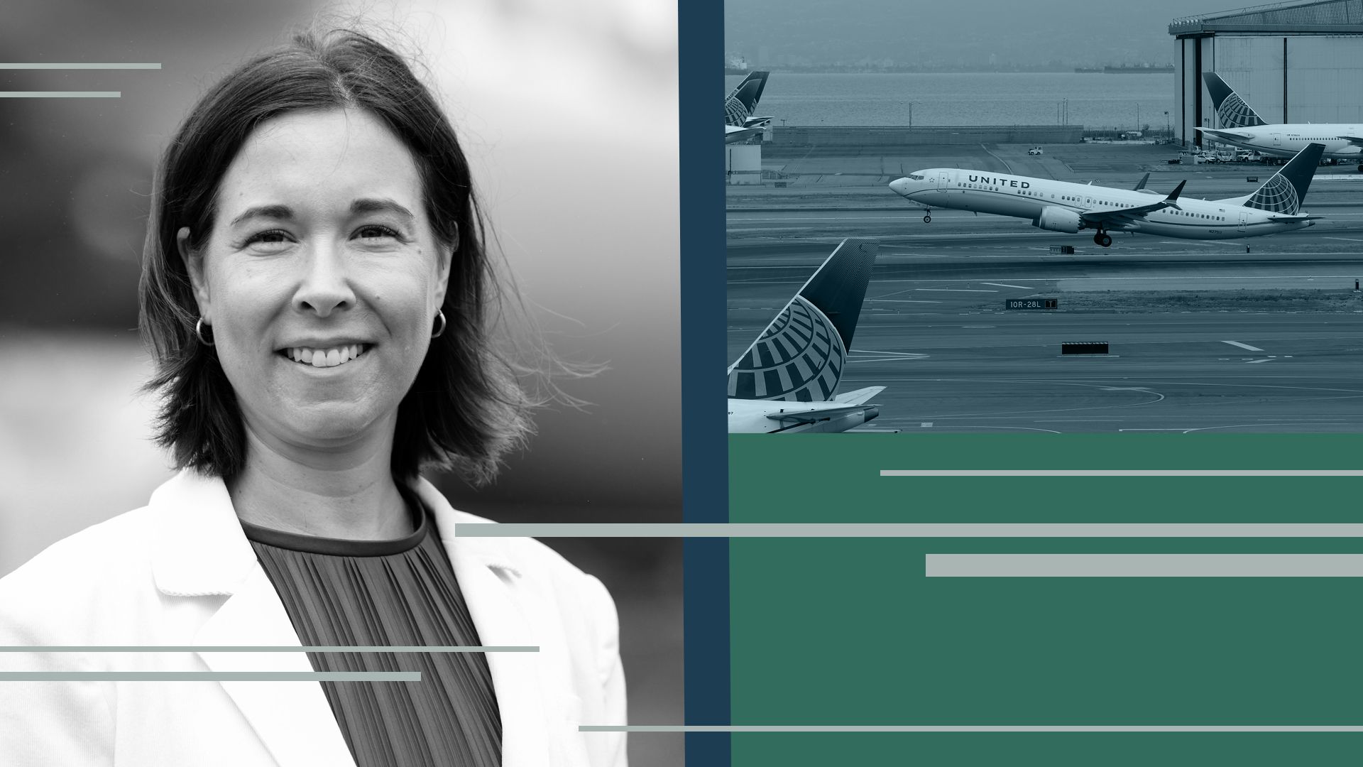 Photo illustration of Lauren Riley surrounded by abstract shapes and United Airlines planes.