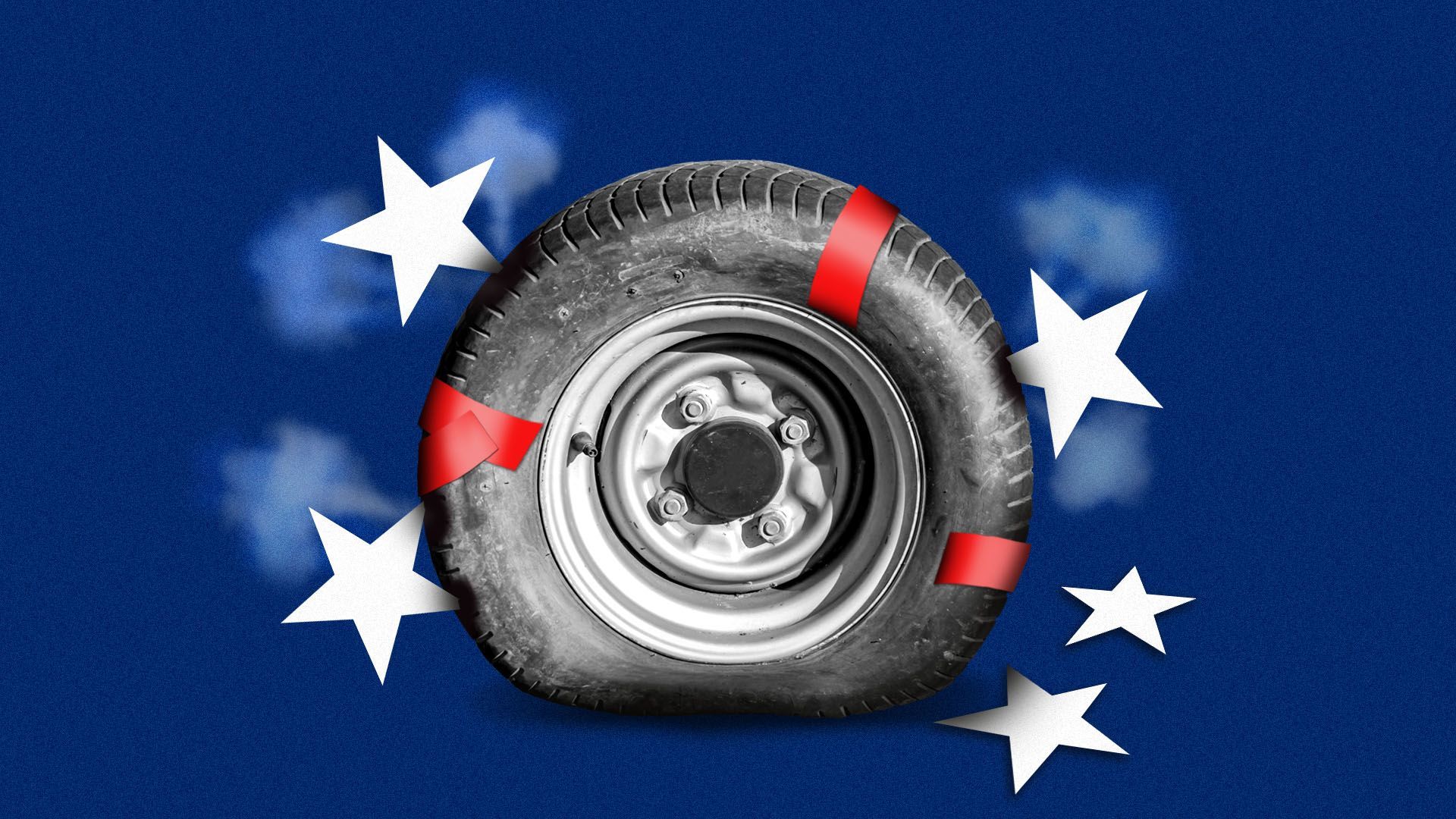An illustration of a flat black tire with red tape patches against a blue background with white stars and puffs of smoke, symbolizing damage or a problem needing repair.