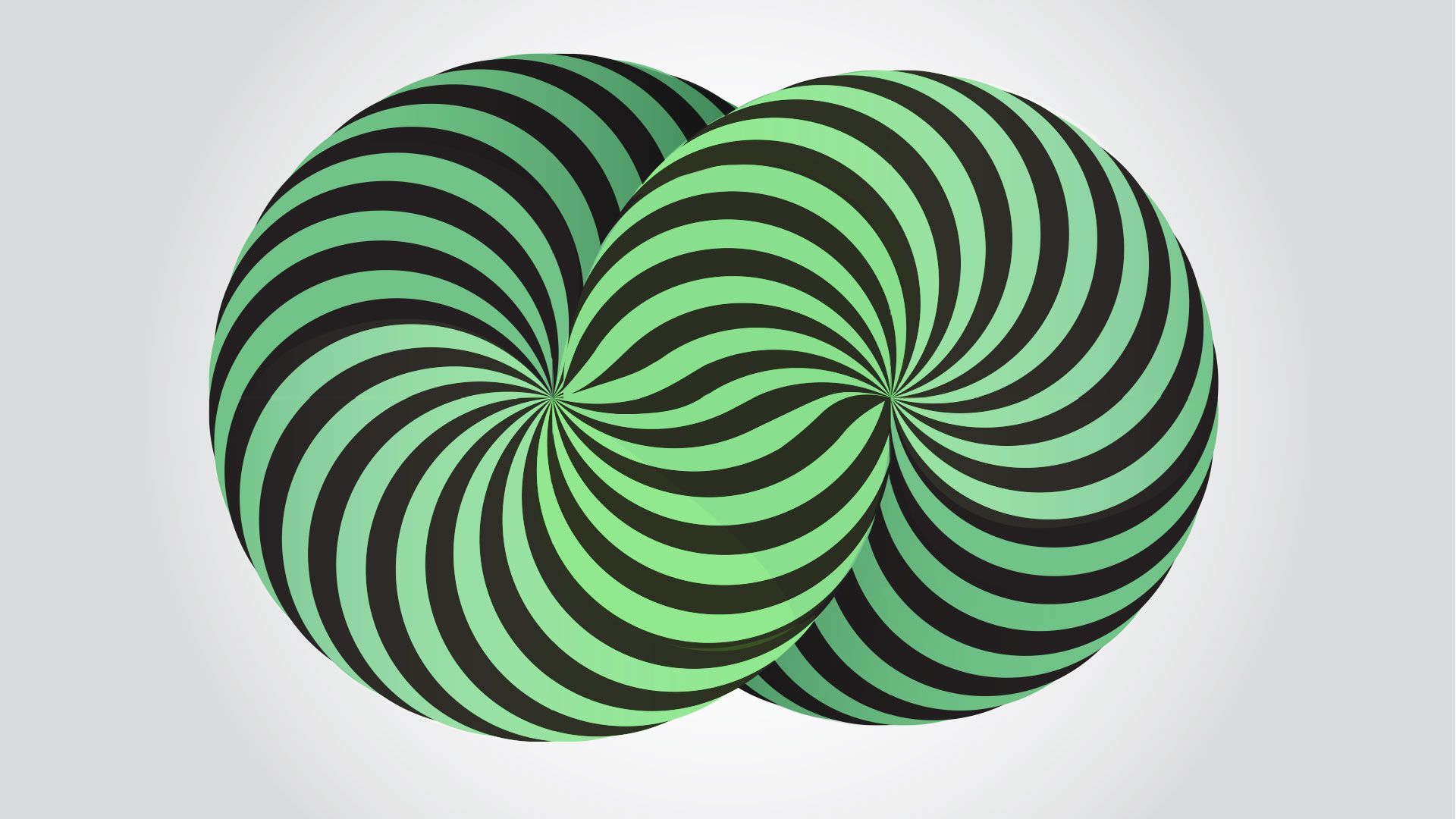 Illustration of two intersecting spiral shapes in green and black optical illusion lines. 