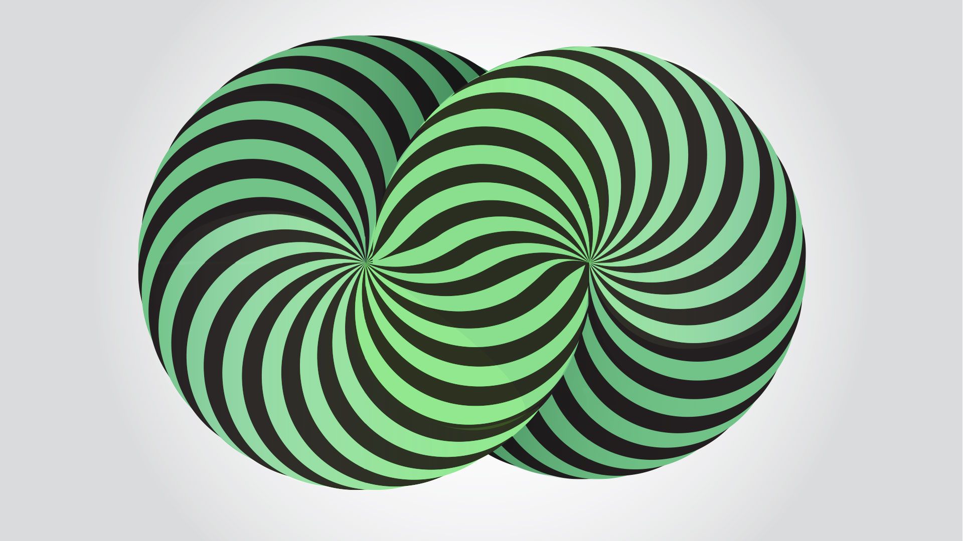 Illustration of two intersecting spiral shapes in green and black optical illusion lines.