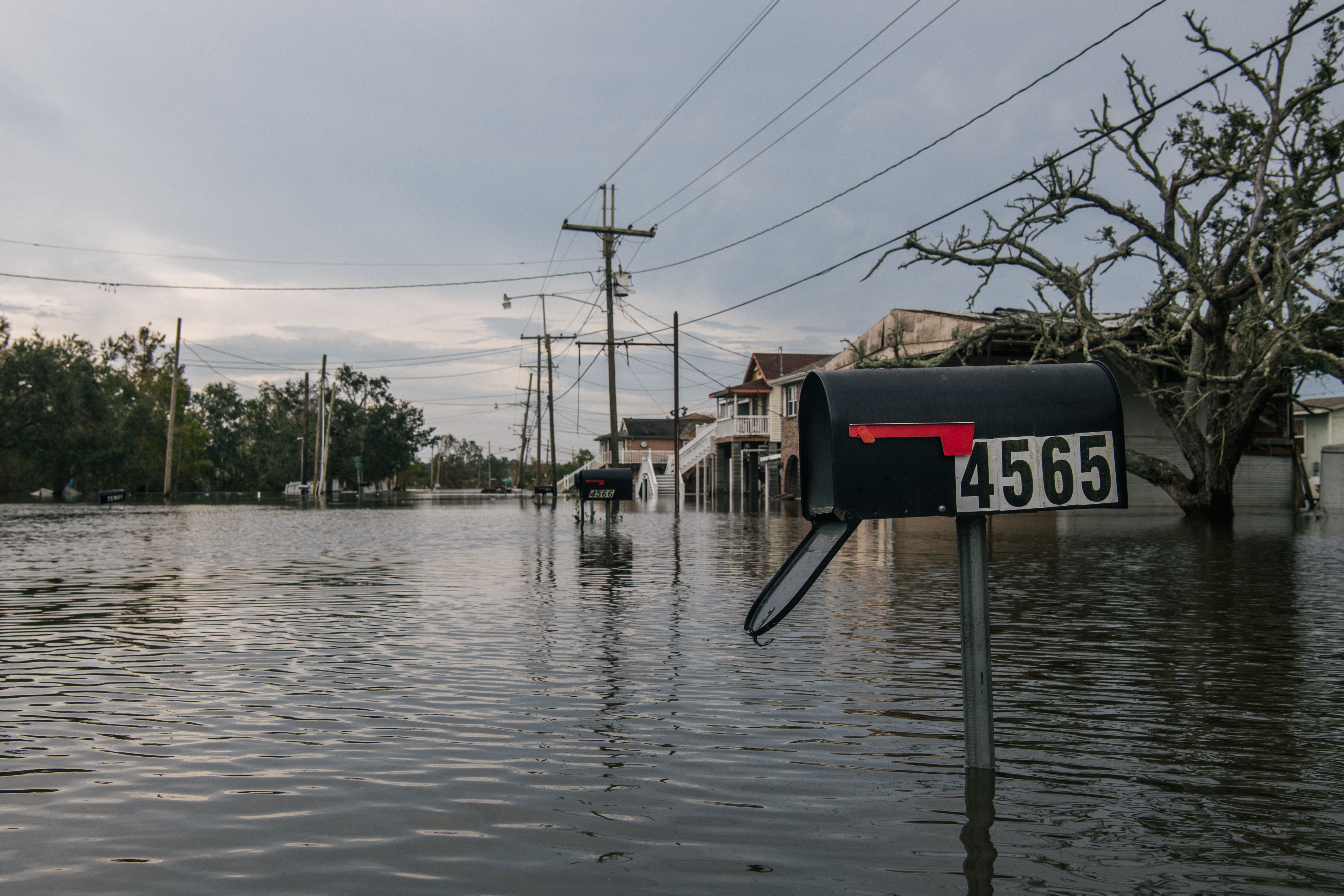  A mailbox is seen in floodwater on September 1, 2021 in Jean Lafitte, Louisiana. 