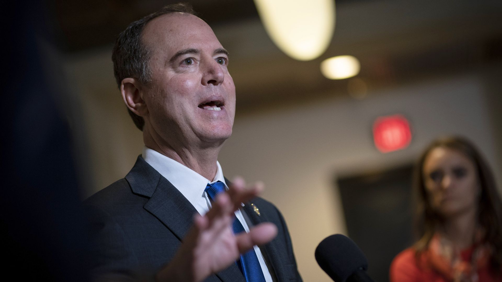  Rep. Adam Schiff (D-CA) speaks to reporters following a closed-door hearing with the House Intelligence, Foreign Affairs and Oversight committees at the U.S. Capitol on November 4