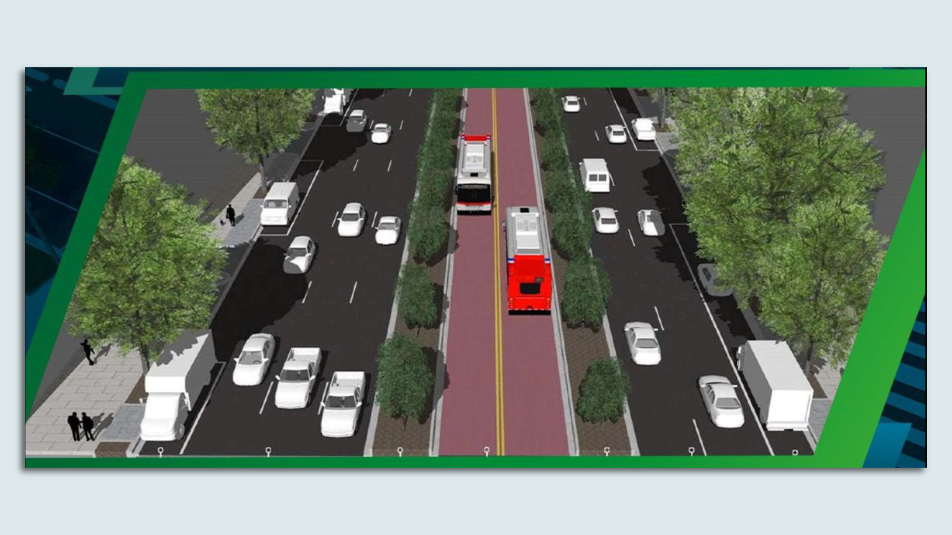 A rendering showing two center bus lanes and four car lanes on the left, and three on the right