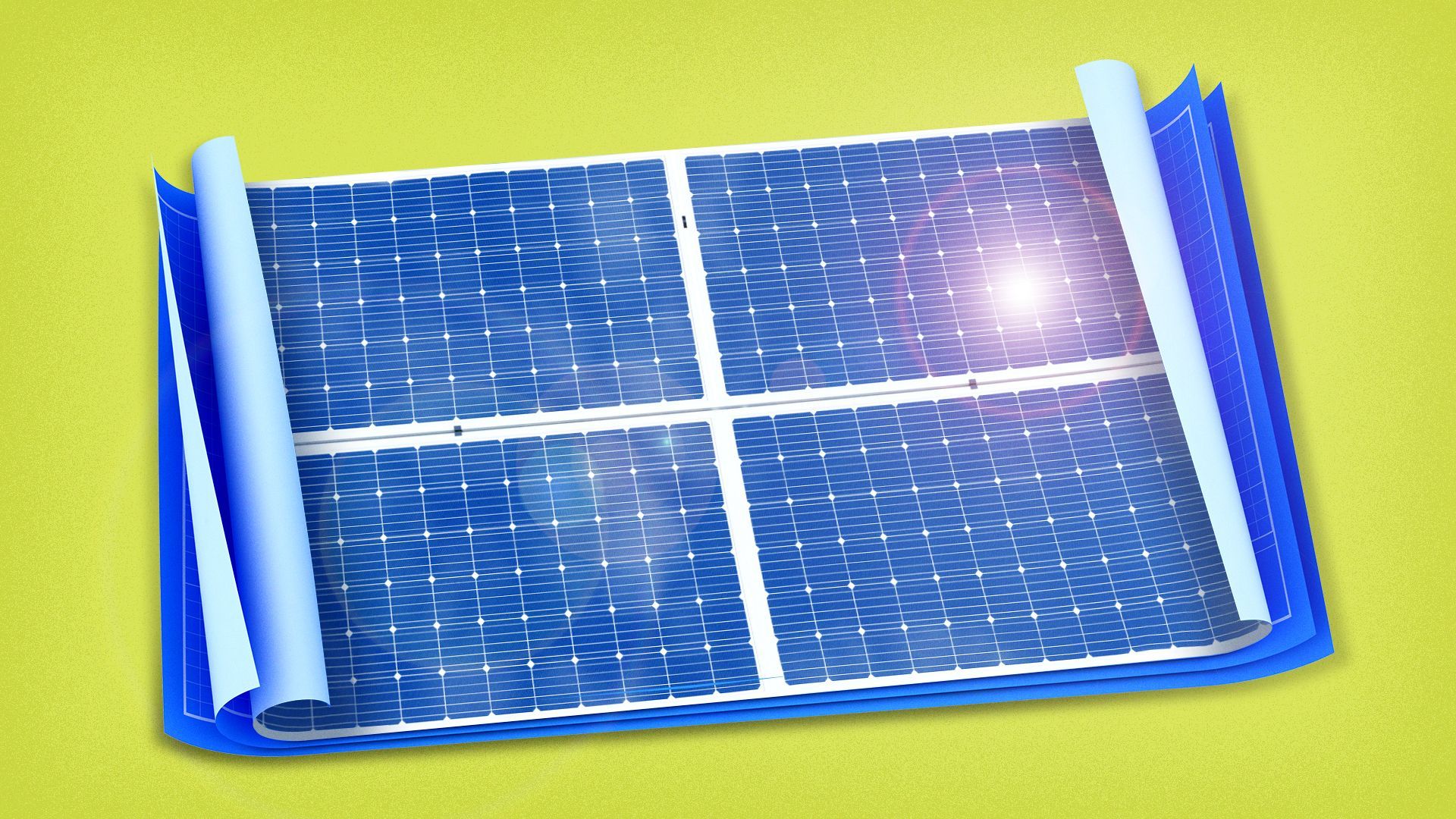 Illustration of a solar panel rolled up like a blueprint.