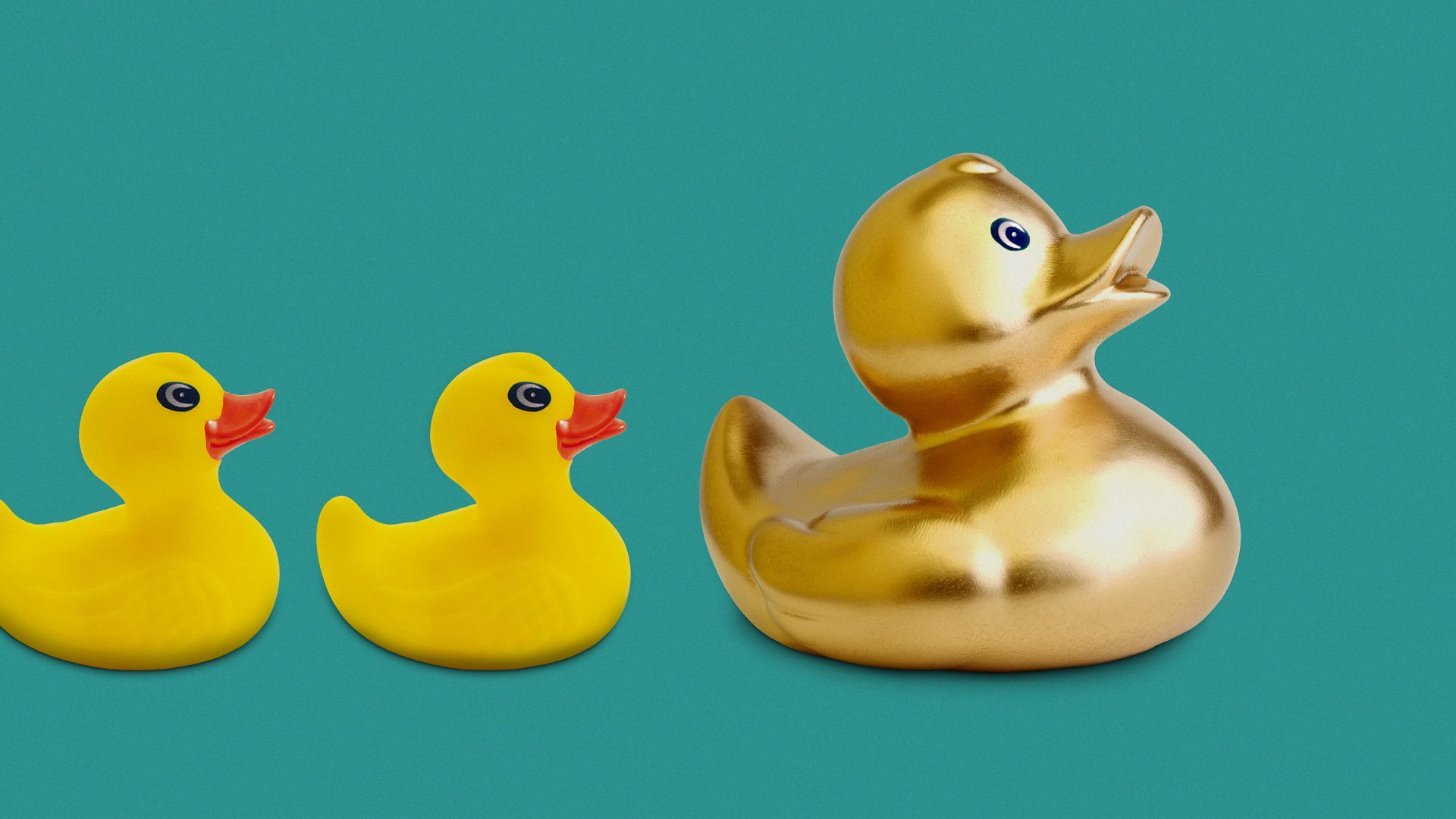 Illustration of one large golden rubber ducky, and two smaller yellow rubber duckies following behind it.