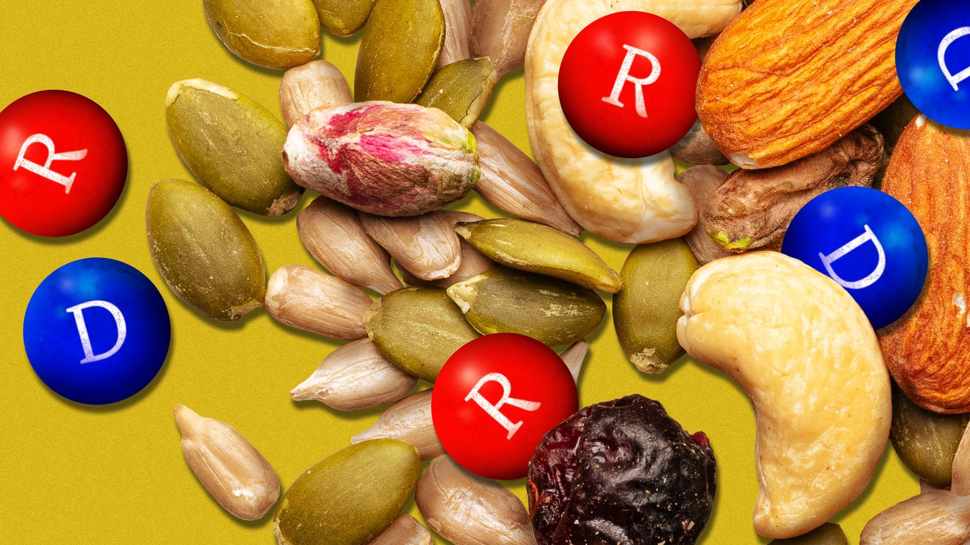 Illustration of trail mix with red and blue chocolate candies featuring R's and D's