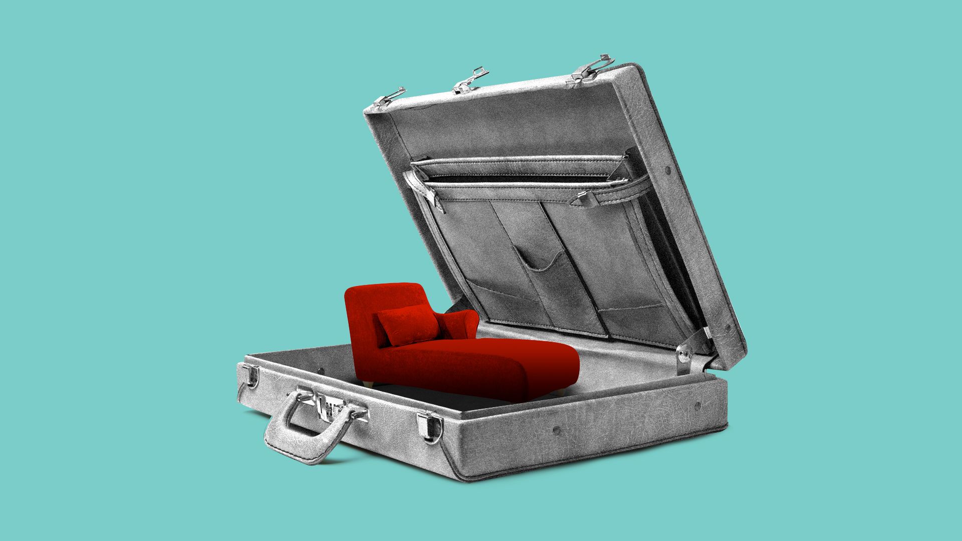 Illustration of a psychologist's couch in an open suitcase.