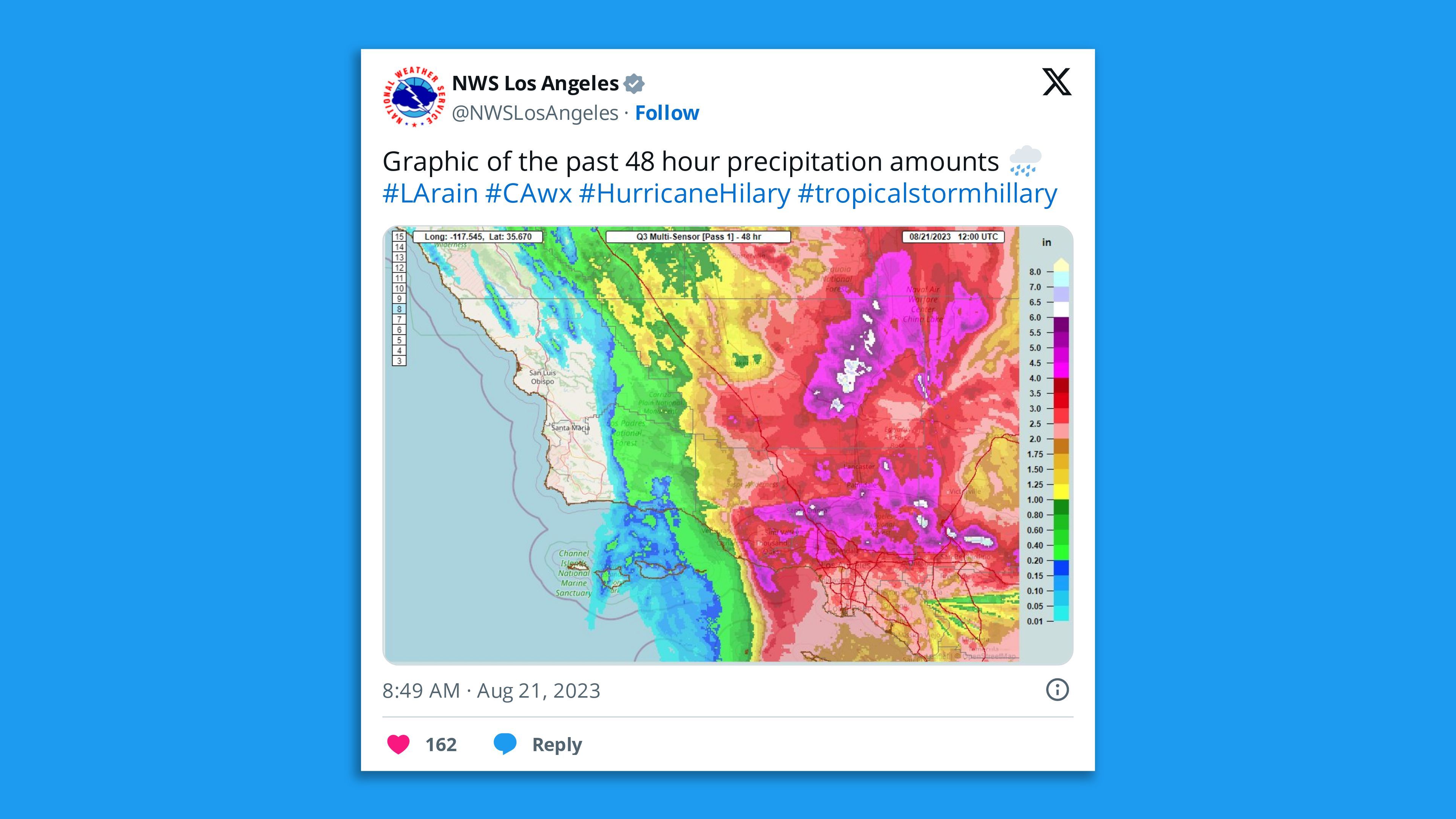 Screenshot of a Tweet showing rainfall totals in the Los Angeles area.