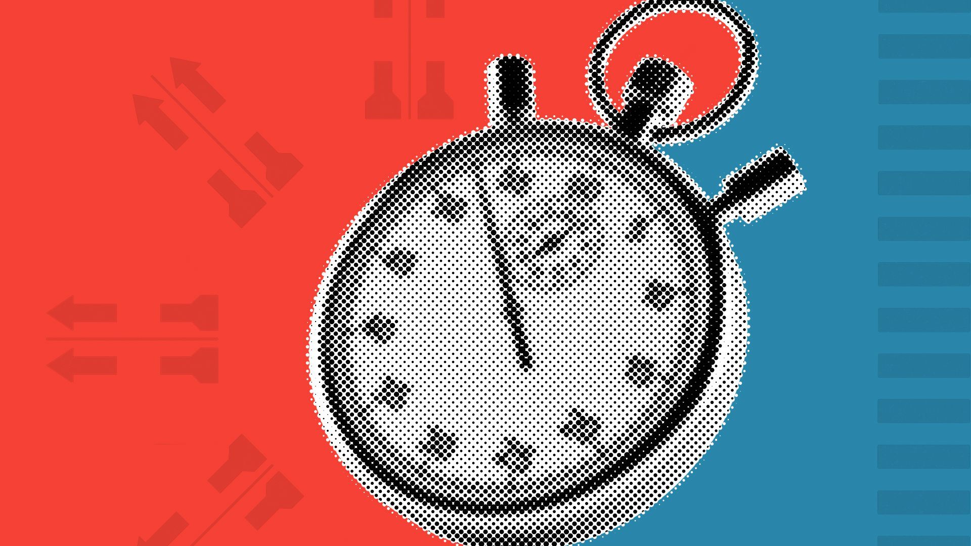 Illustration of a stopwatch with ballot elements and shapes behind it