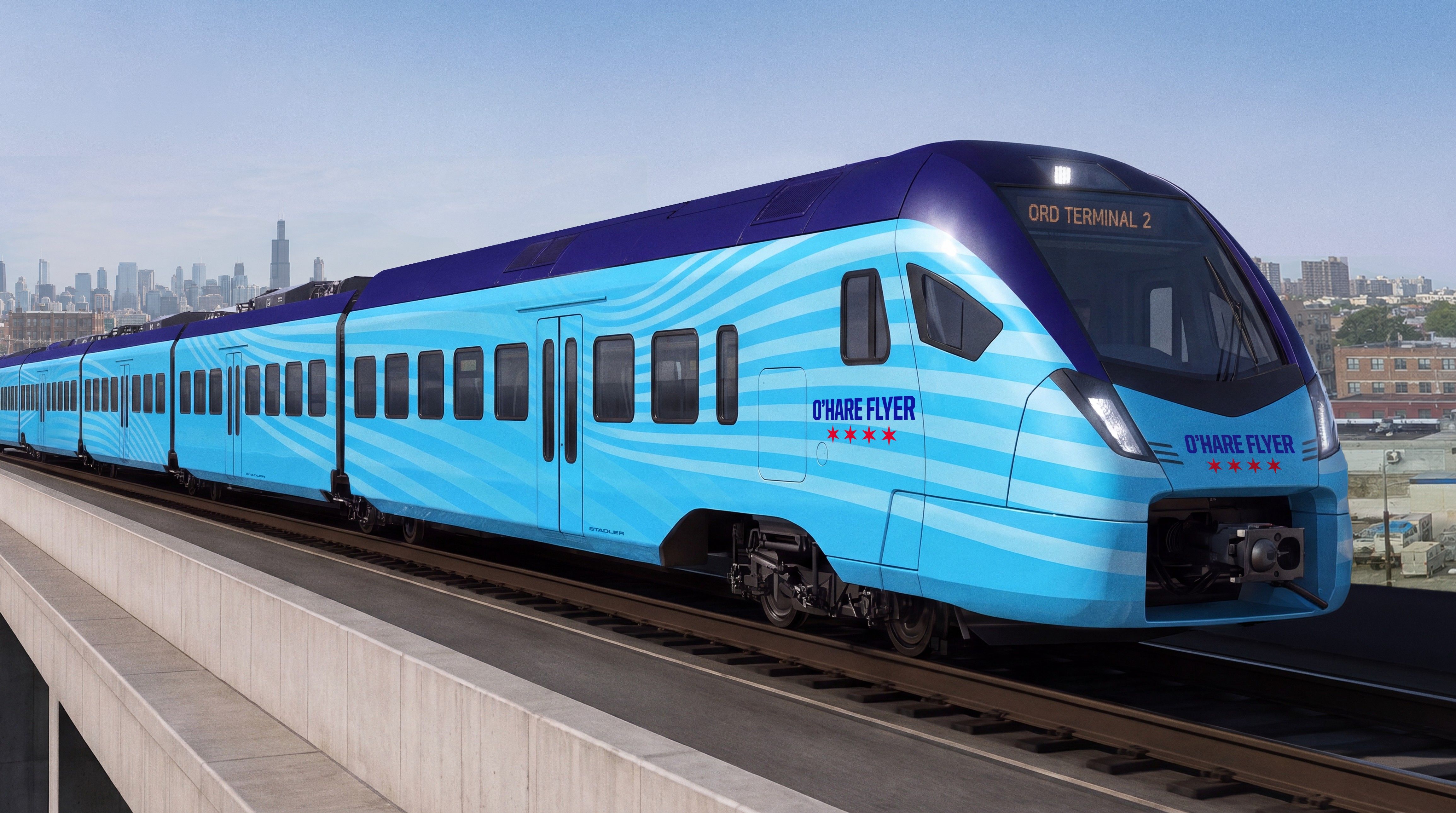 A sleek blue and cyan passenger train with wavy stripes on an elevated track, labeled "O'Hare Flyer"; city skyline in the background and a display reading "ORD TERMINAL 2".