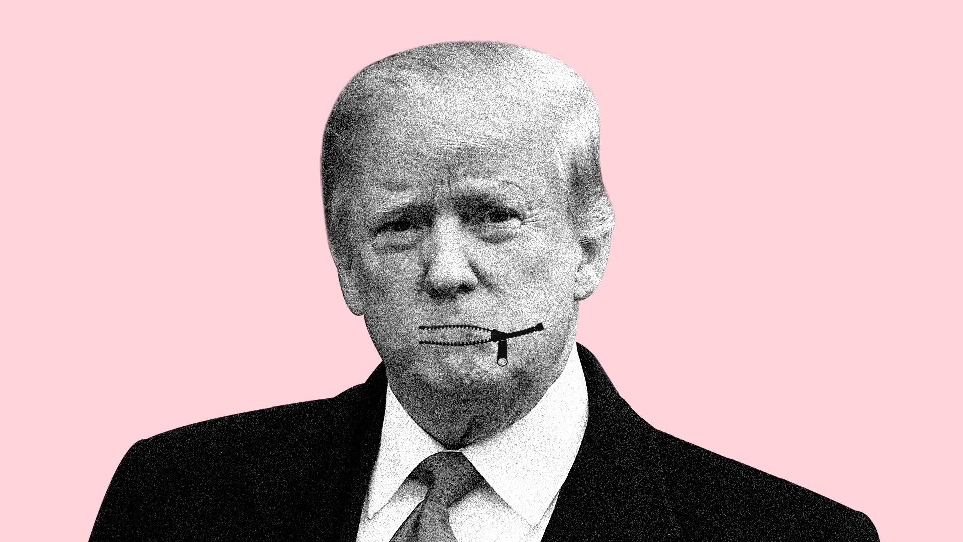 Illustration of Trump with a zipper being unzipped in place of his mouth