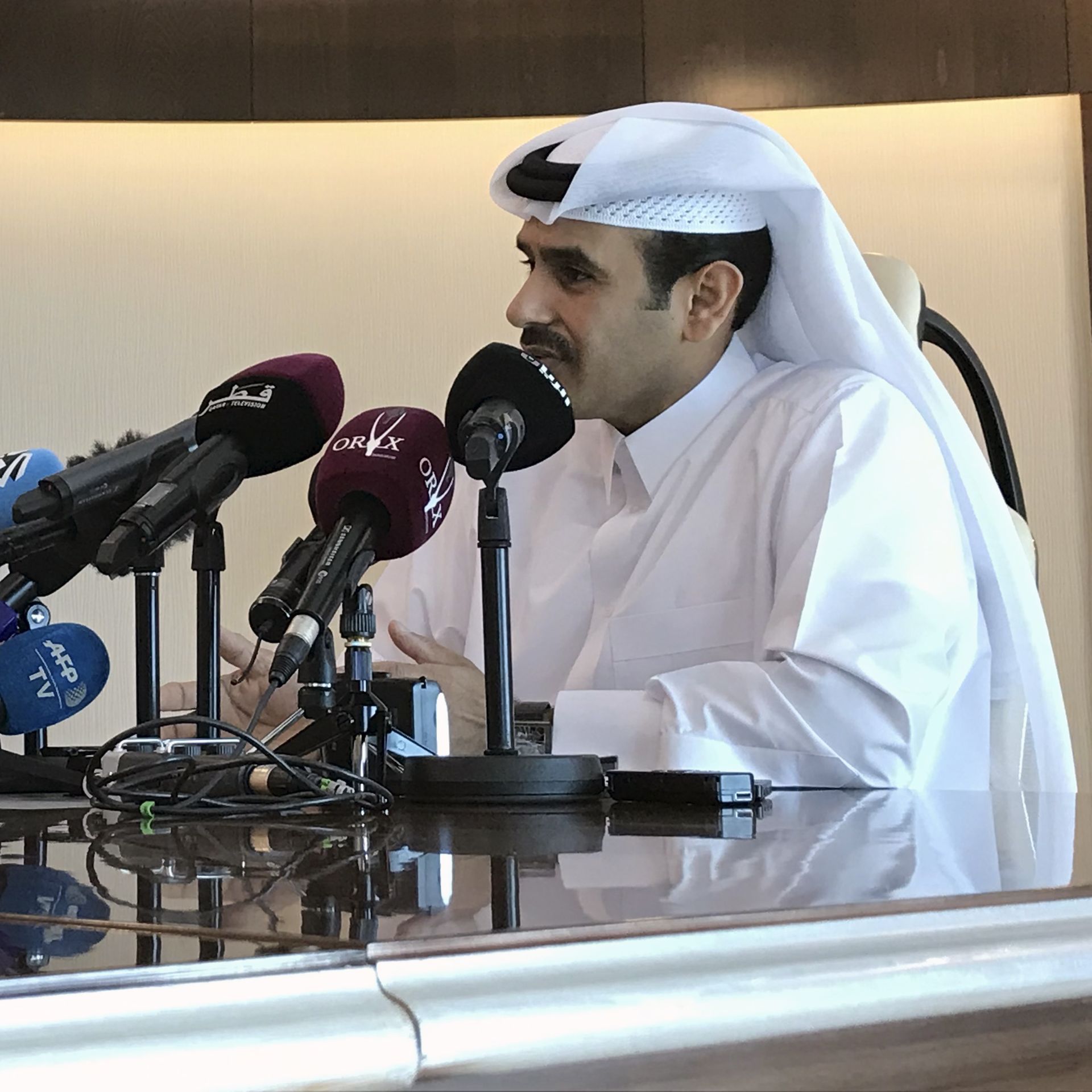 Saad Sherida Al-Kaabi, Qatari Minister of State for Energy Affairs, speaks during a press conference in the capital Doha on December 3, 2018. 