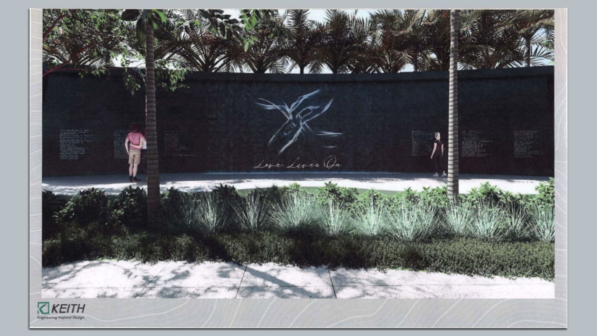 A rendering of Surfside's Champlain Towers collapse memorial water wall featuring two clasped hands and the message "Love Lives On."