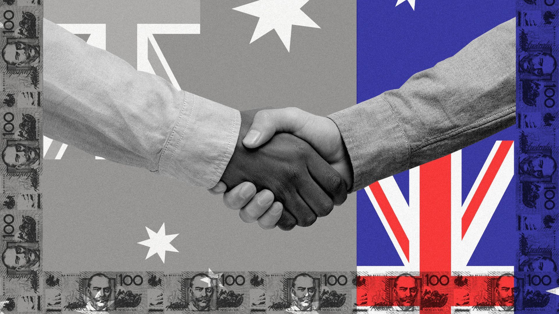 Illustration of a handshake between two people in front of a background designed with a graphic Australian flag pattern, surrounded by an Australian dollar border.