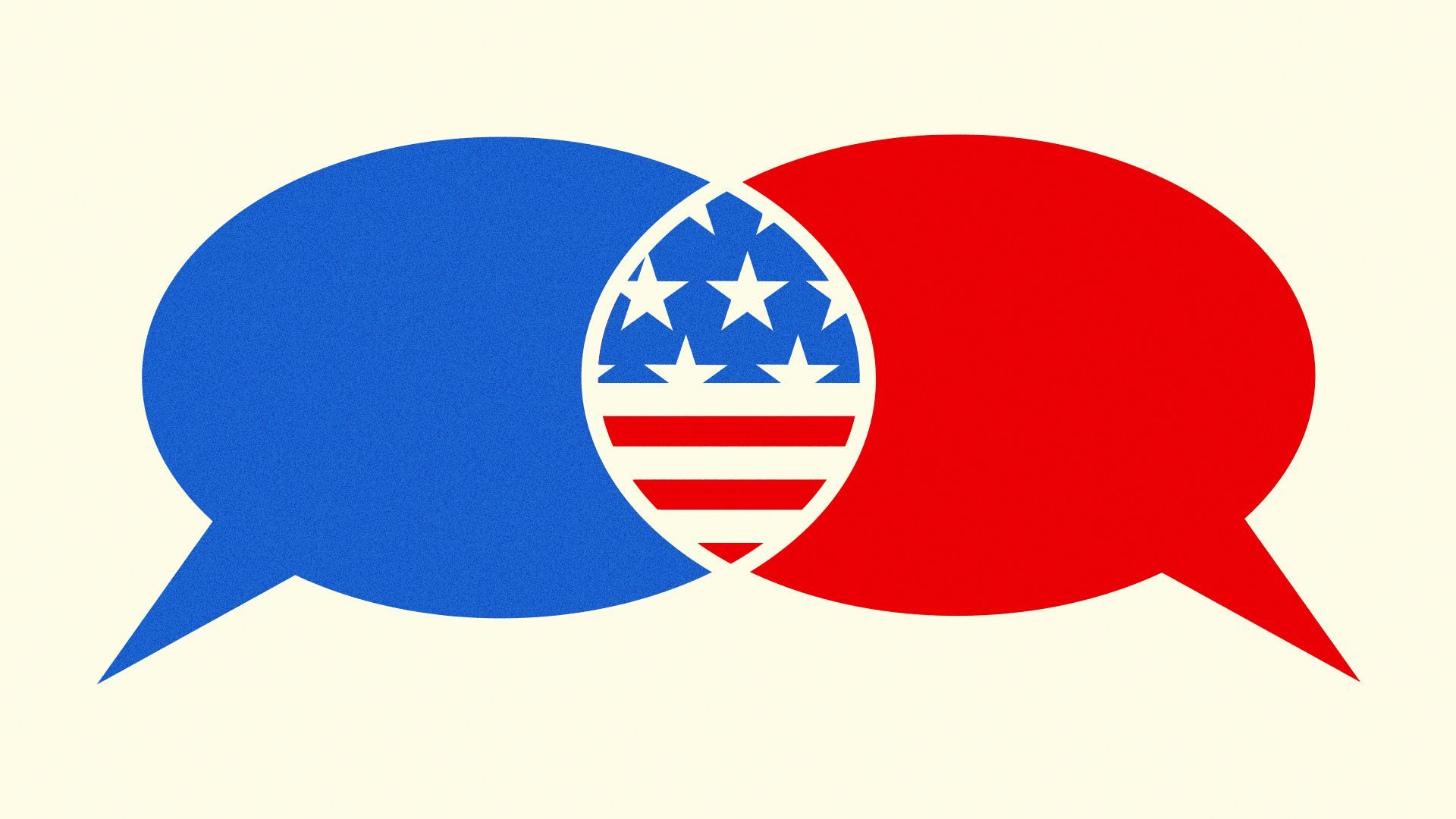 Illustration of a Venn diagram formed from red and blue speech bubbles with a US flag pattern forming the central shape.