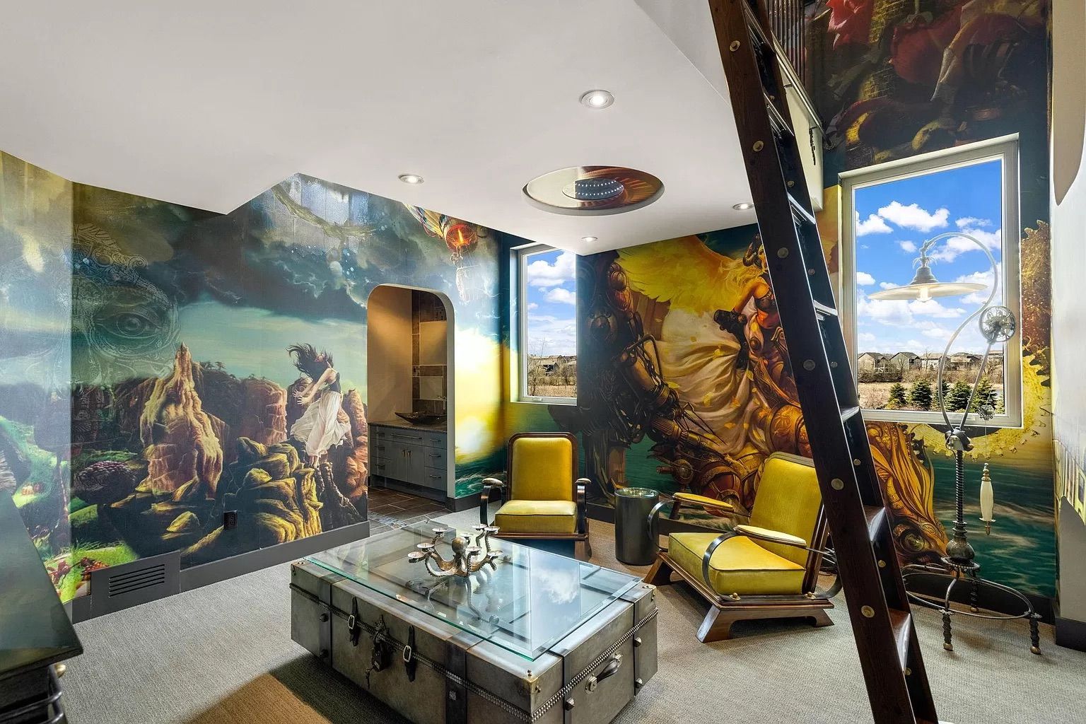 A room with a giant green and gold mural depicting a steampunk fantasy scene.