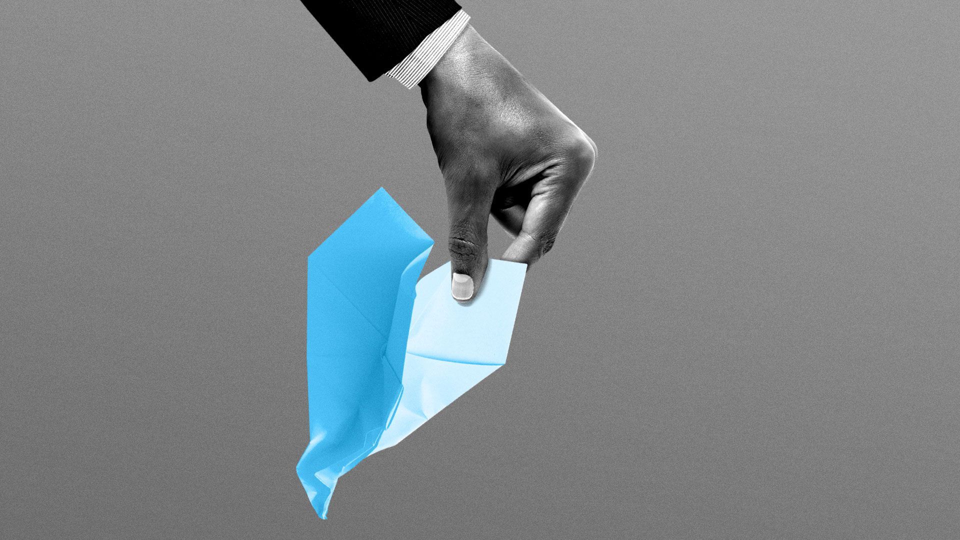 Illustration of suited hand holding crumpled paper airplane.