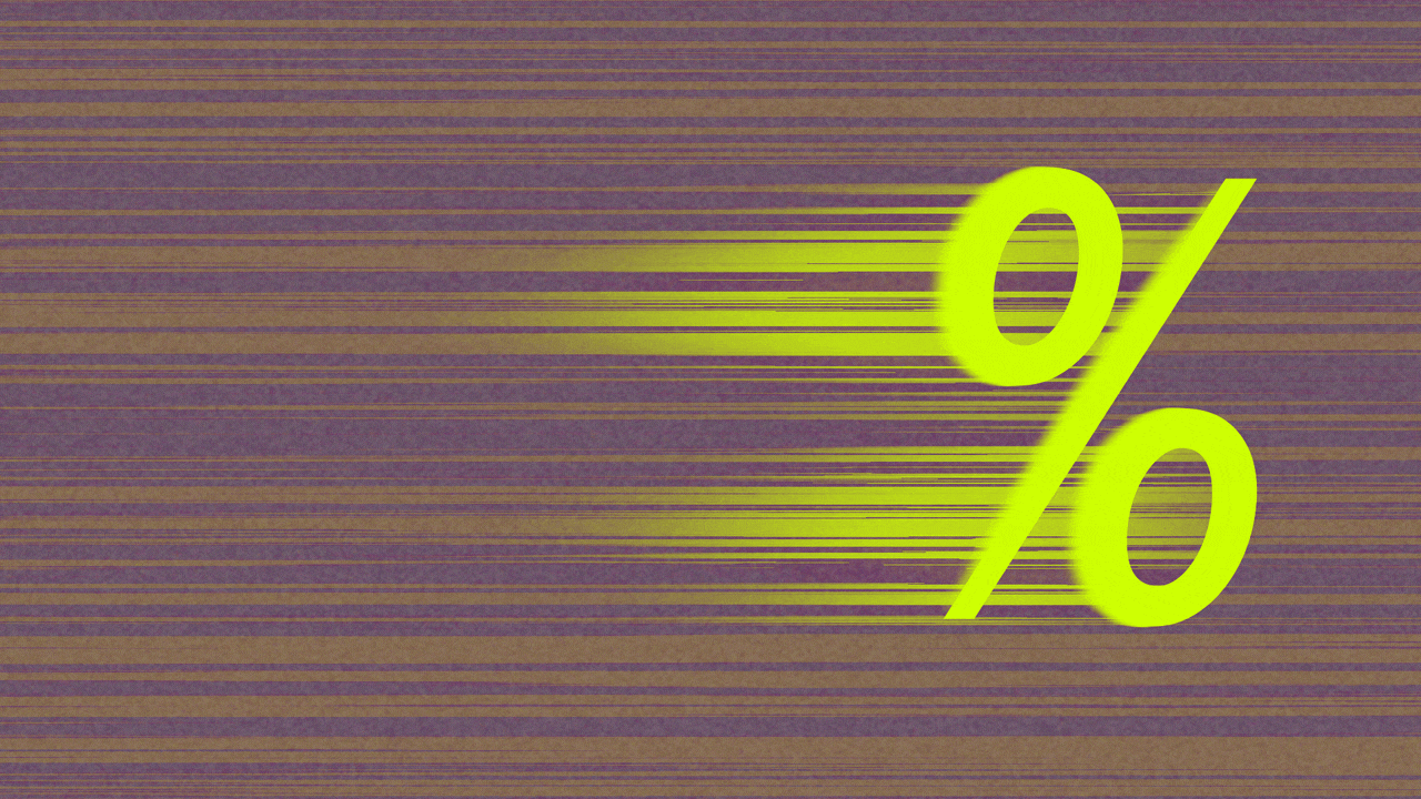 Animated illustration of a percent sign moving very quickly to the right side of the frame, leaving blurry speed lines behind it.