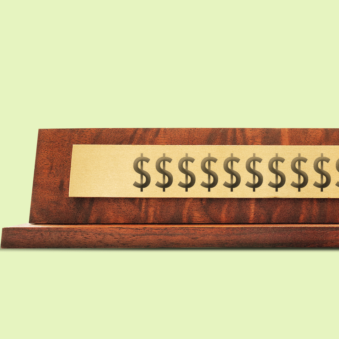 Illustration of a desk nameplate with dollar signs on it disappearing and re-appearing