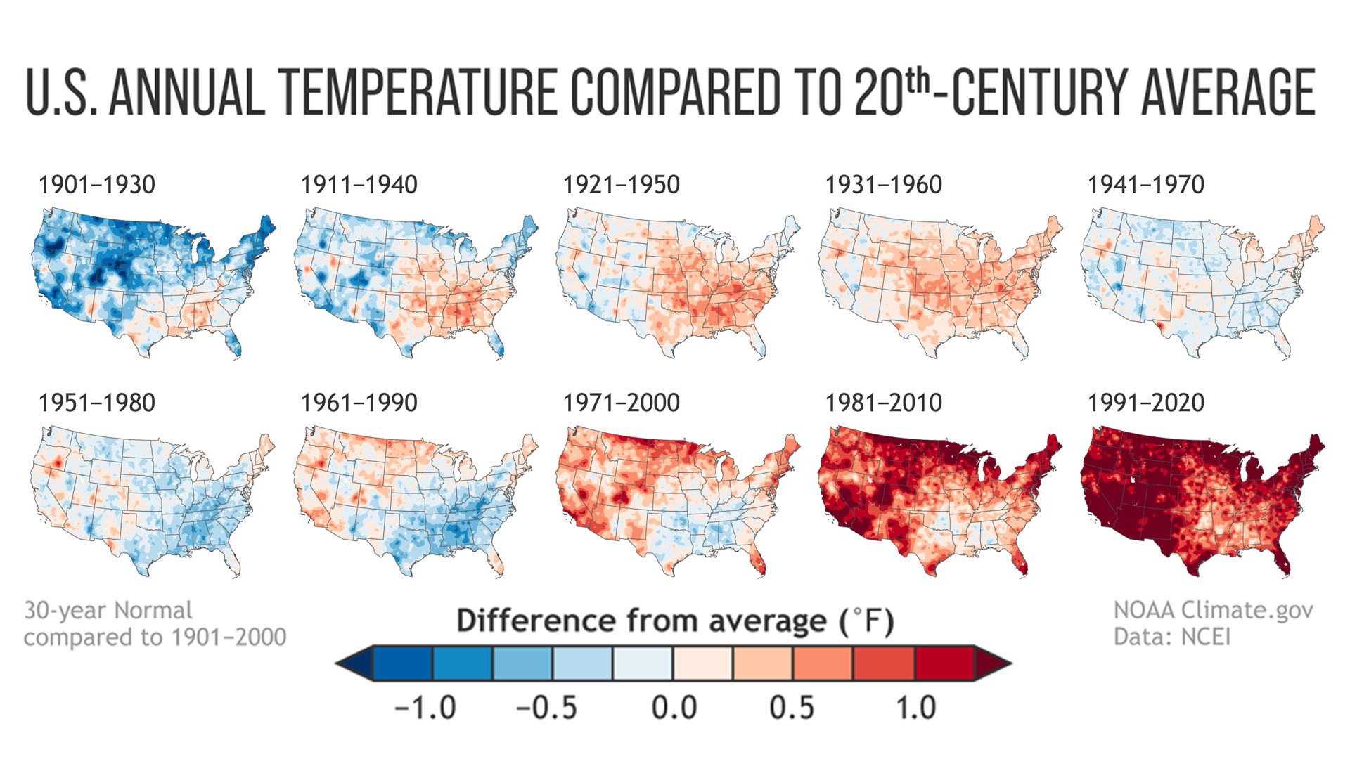 Maps of temperatures across the United States.