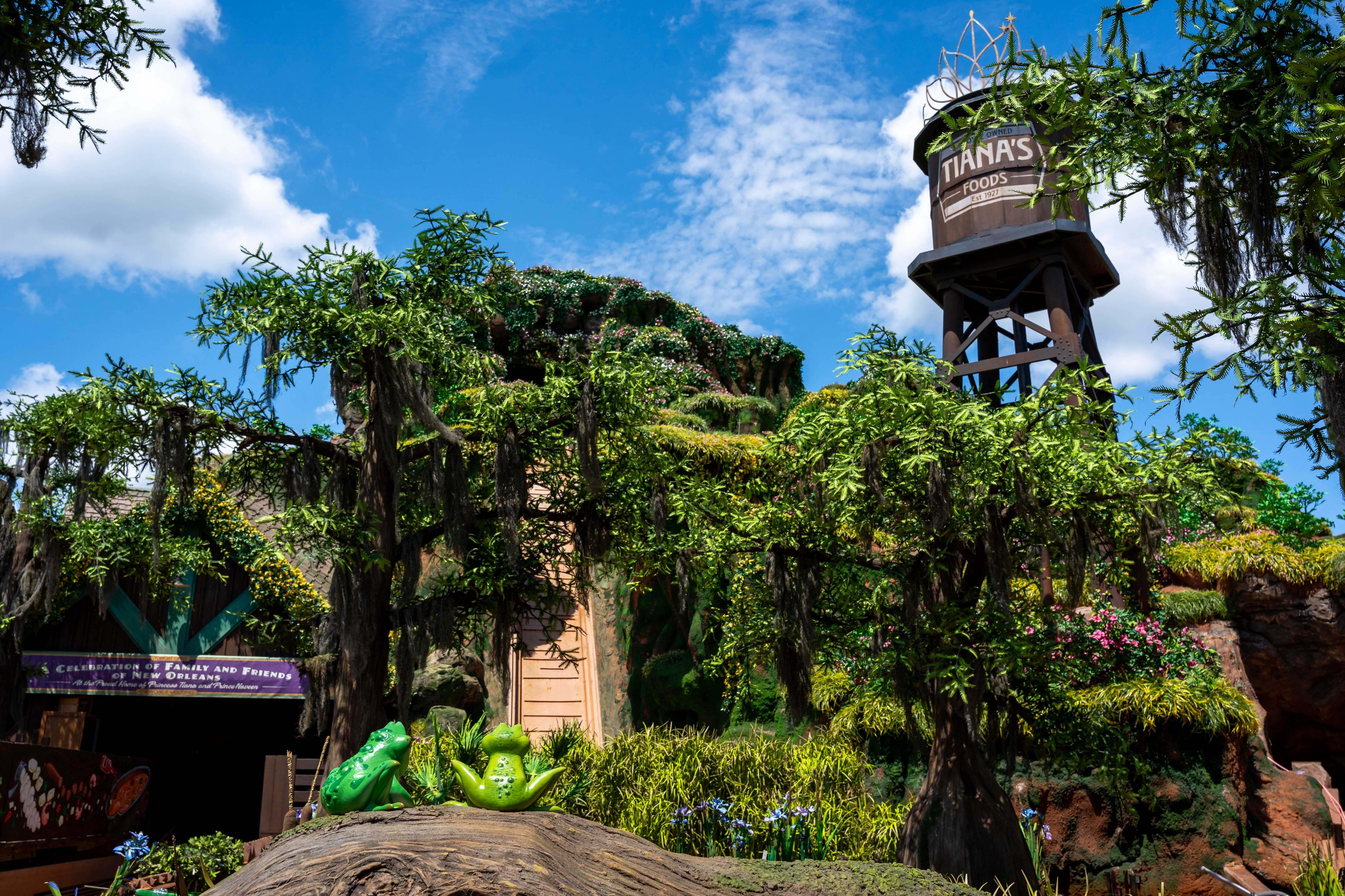 Photo shows Tiana's Bayou Adventure with the water tower.