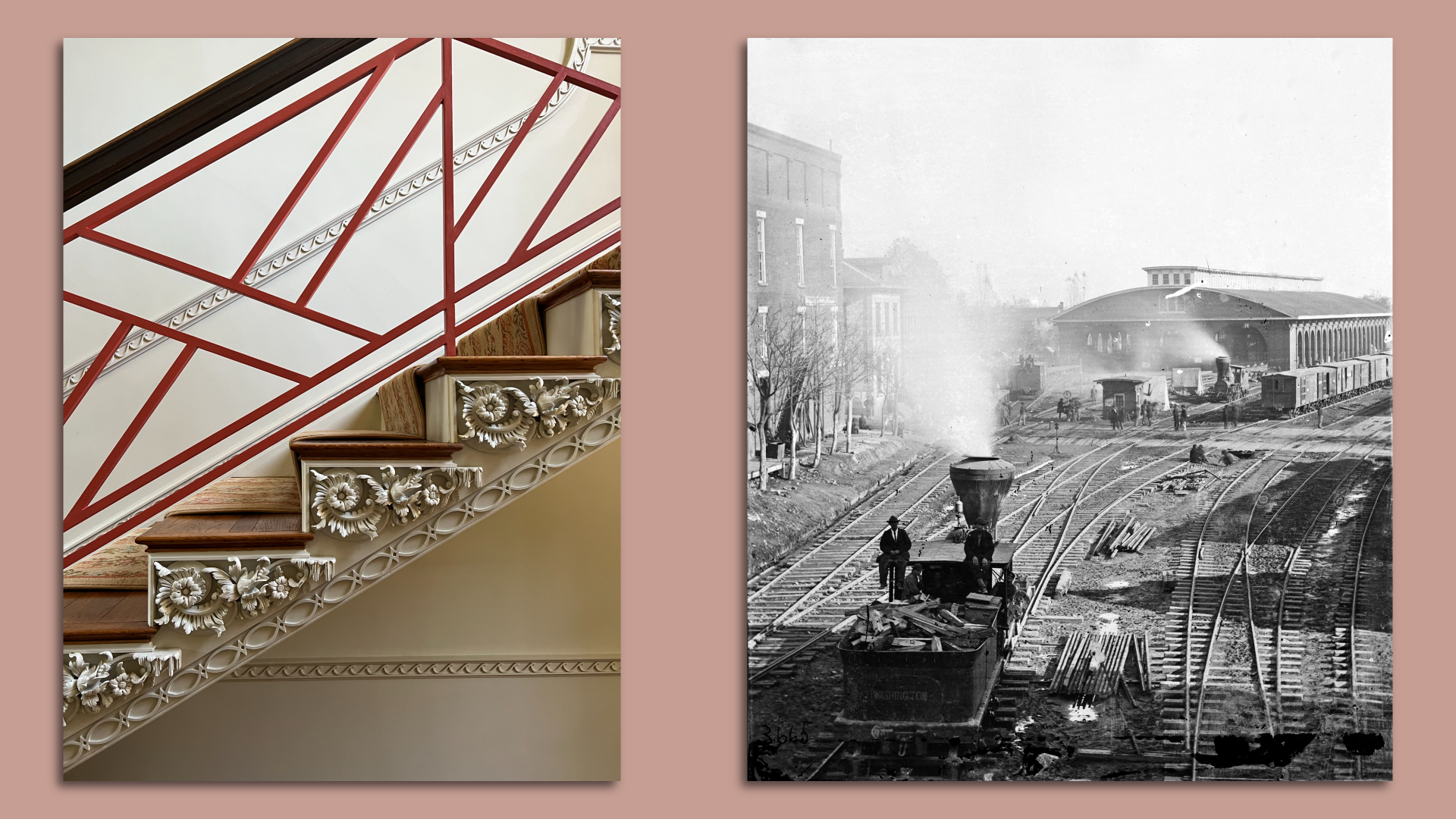 A photo of the details on an ornate staircase with a red modern railing and a black and white photo of a train pulling into a train depot