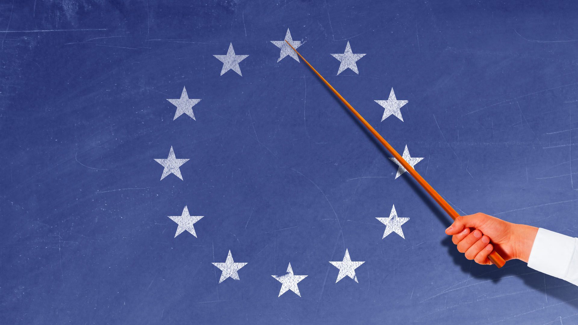Illustration of a hand pointing to a chalkboard with the EU flag 