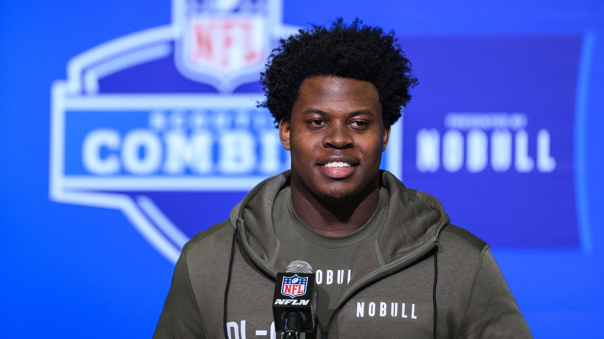 INDIANAPOLIS, IN - MARCH 01: Pittsburgh defensive lineman Calijah Kancey answers questions from the media during the NFL Scouting Combine on March 1, 2023, at the Indiana Convention Center in Indianapolis, IN. (Photo by Zach Bolinger/Icon Sportswire via Getty Images)