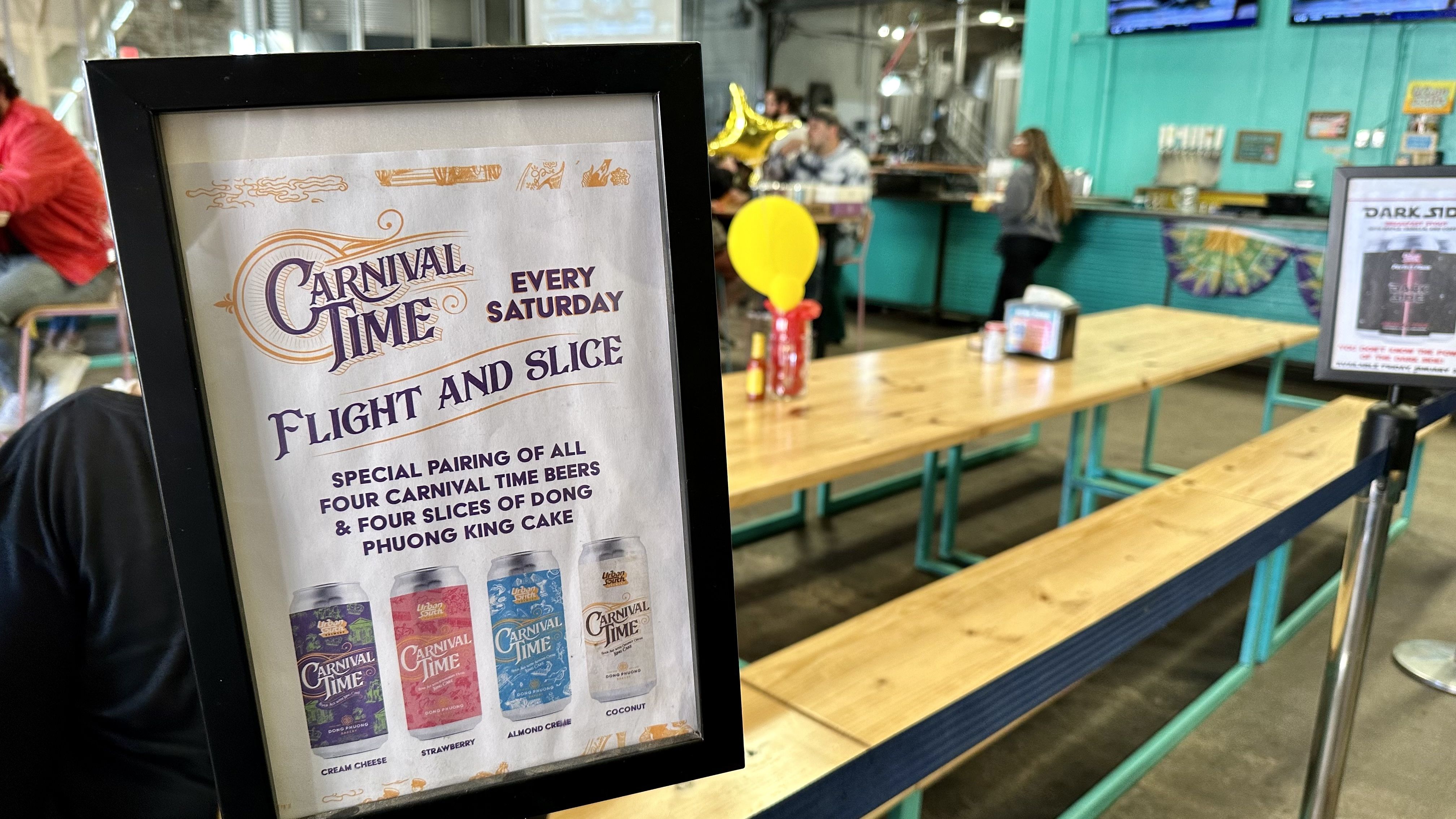 Photo shows a sign that says "Flight and slice every Saturday"