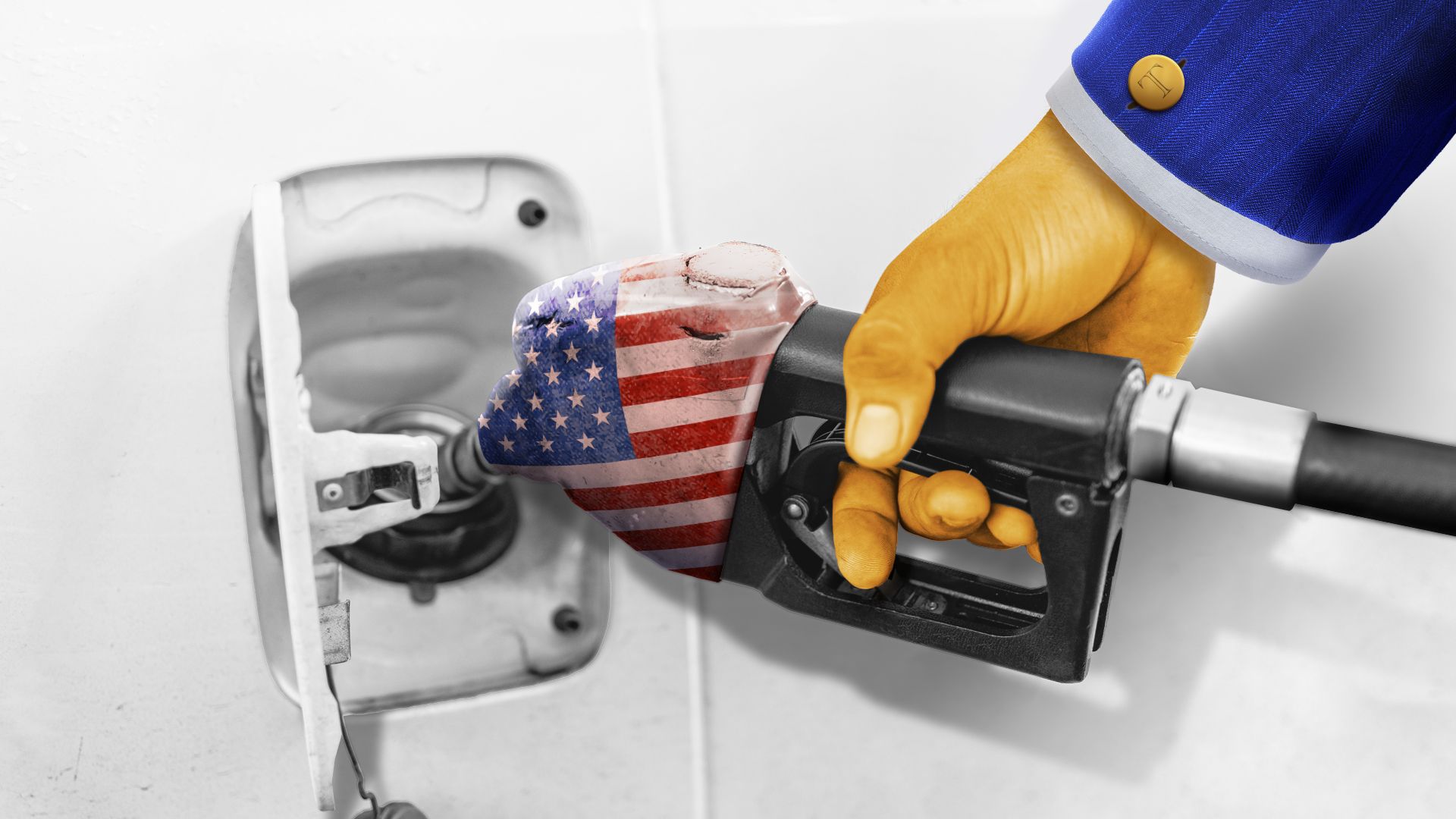 Illustration of a hand resembling President Trump's putting gas in the gas tank with an American flag nozzle 