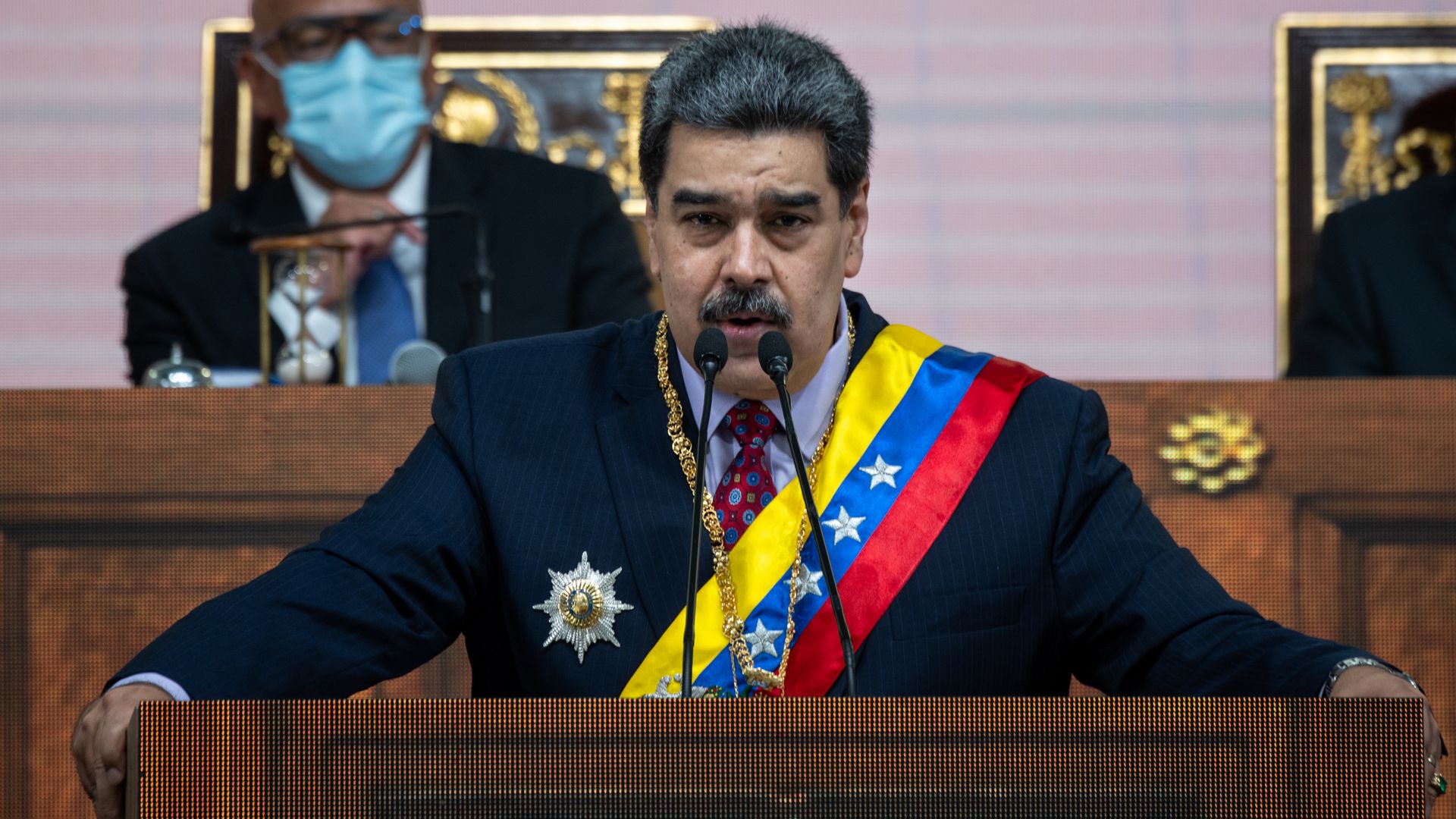 Nicolas Maduro, Venezuela's president, delivers a State of the Union address at the National Assembly in Caracas, Venezuela, on Jan. 15, 2022. Photographer: Gaby Oraa/Bloomberg via Getty Images
