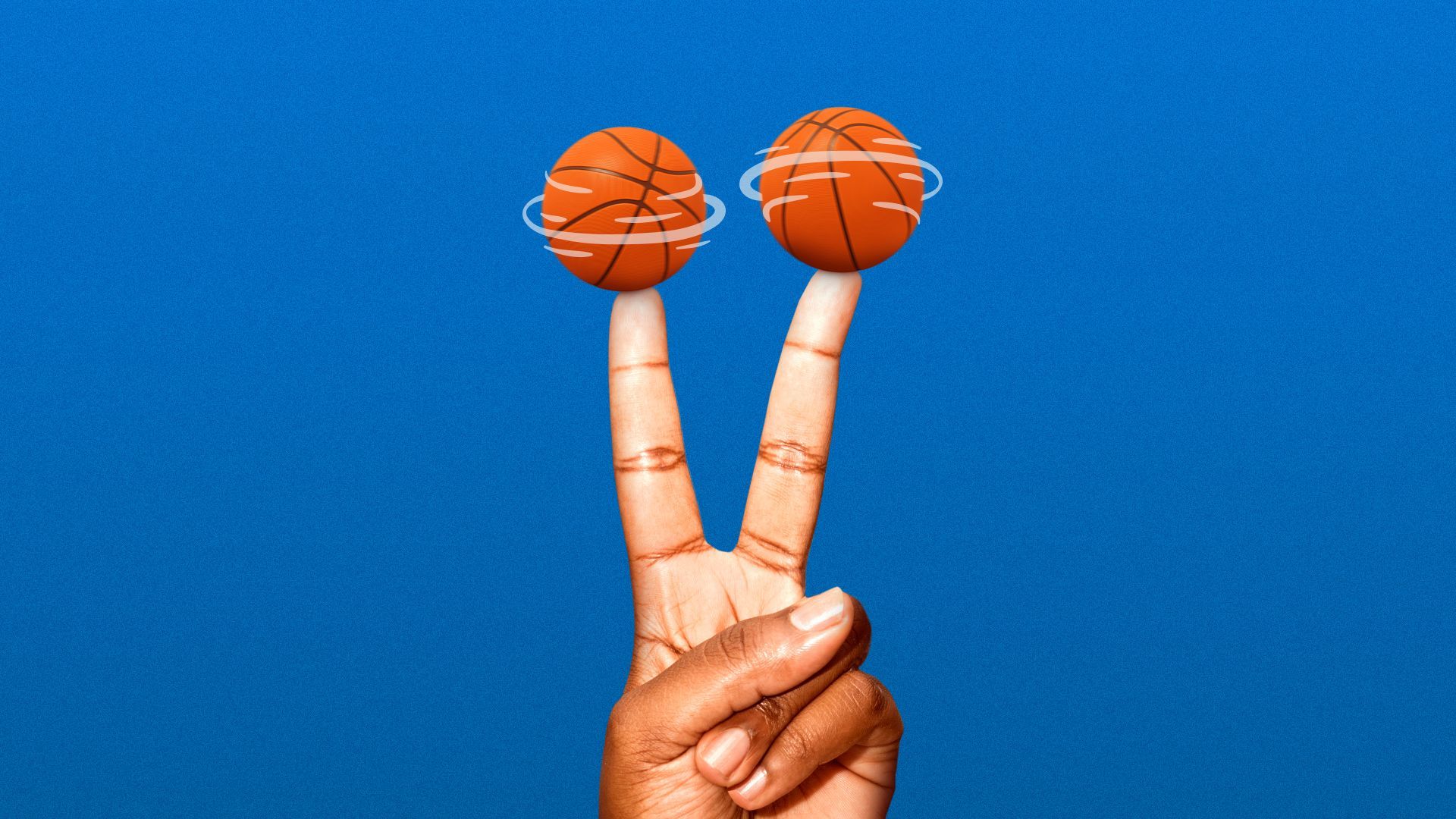 Illustration of a hand holding up two fingers with a basketball spinning on each finger. 