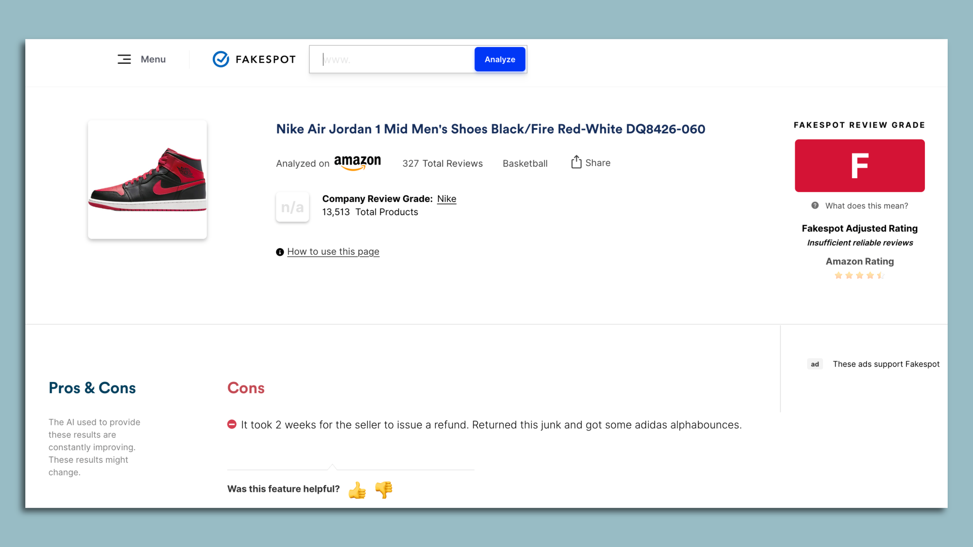 A review for a pair of Nike Air Jordan's on Amazon with a FakeSpot grade of F for the user reviews.