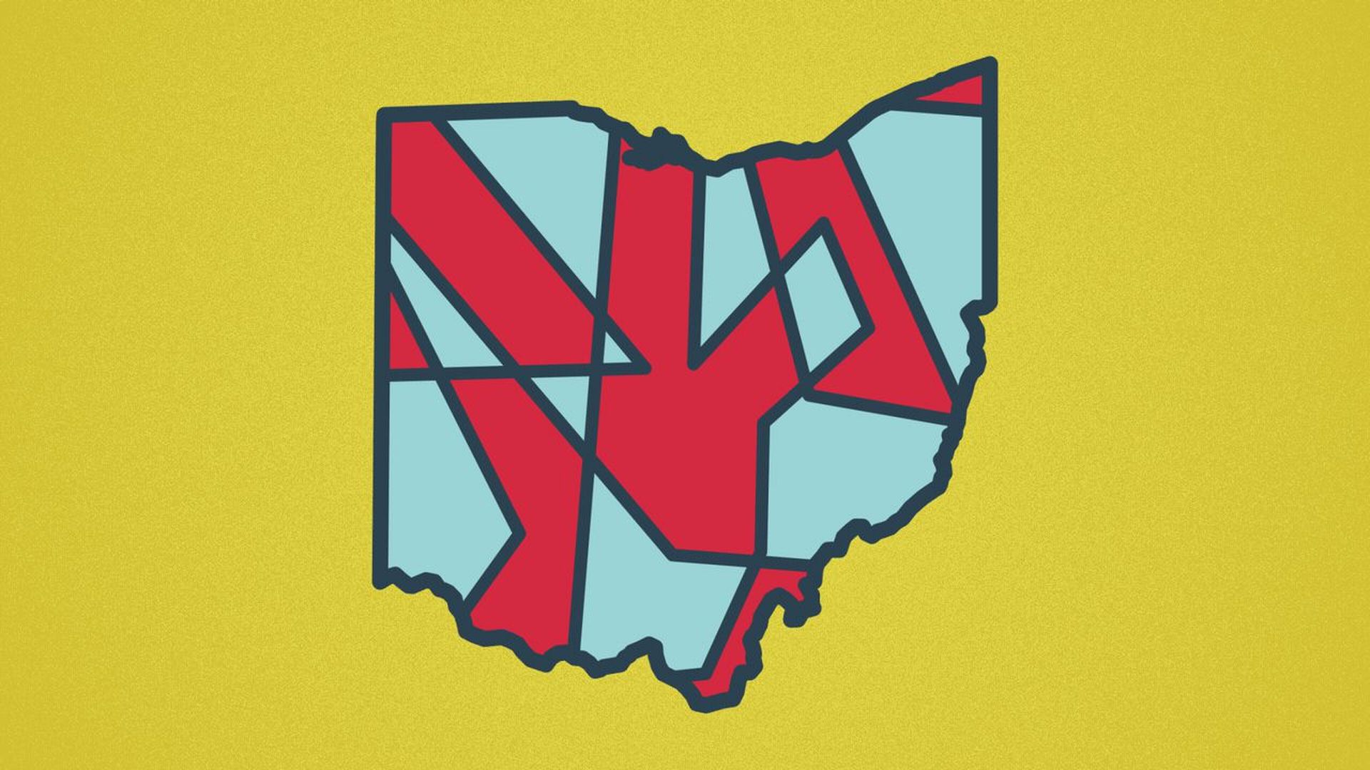 Illustration of the state of Ohio with red and blue districts inside it.