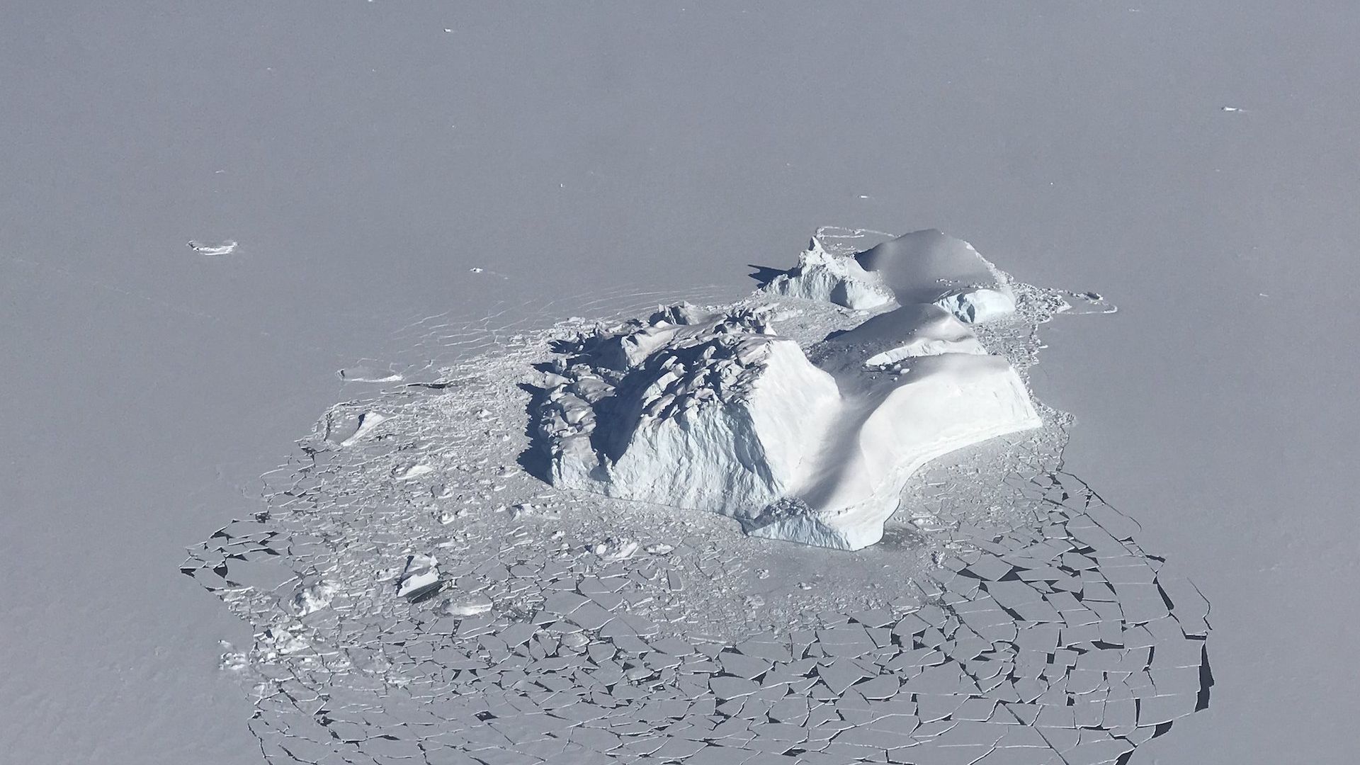 A large iceberg has broken the surrounding layer of consolidated sea ice. 