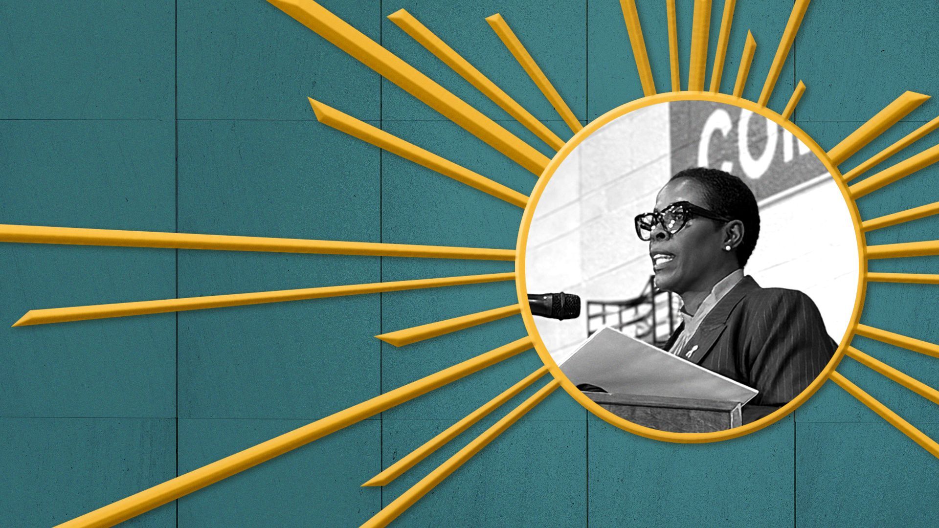 Photo illustration of Saunteel Jenkins in the center of a gold frame with rays emanating, resembling the sphere from The Spirit of Detroit statue.