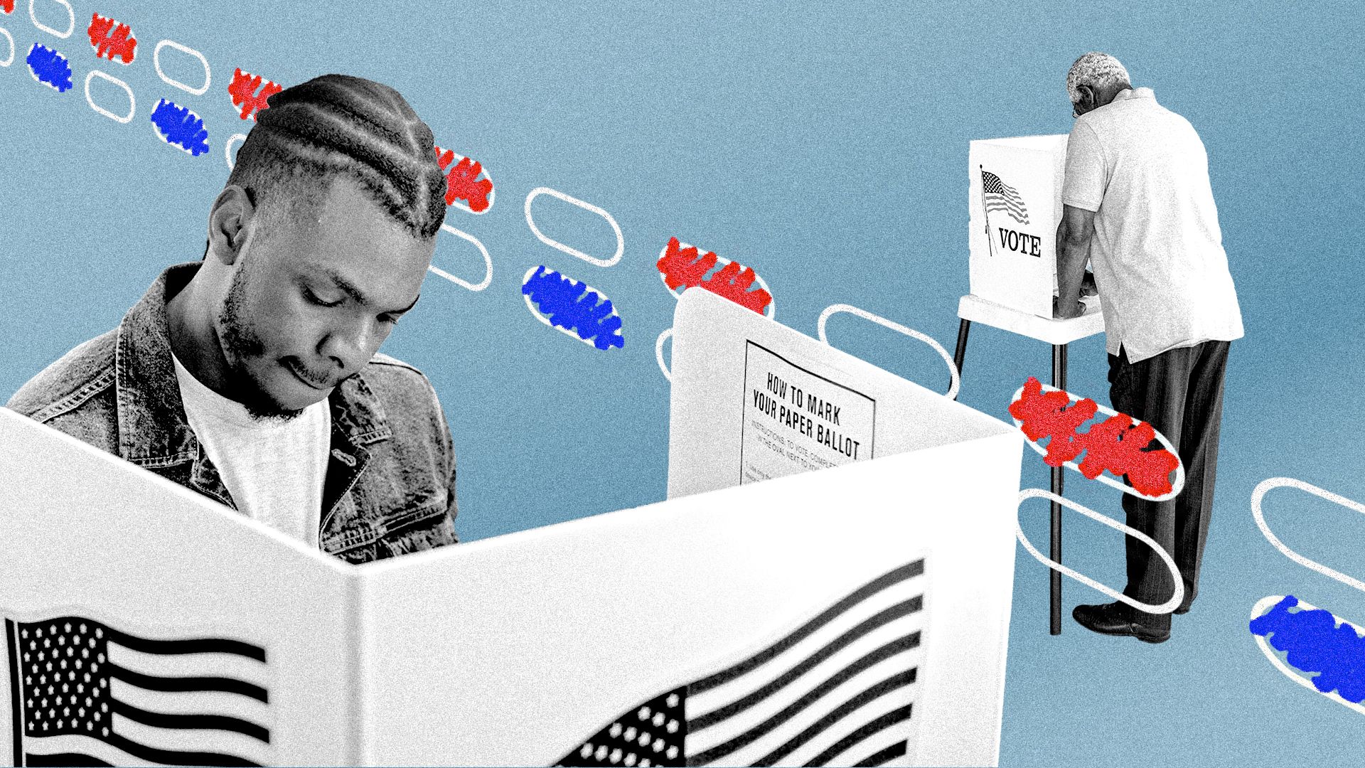 Illustration of a collage featuring a young Black man at a voting booth facing the reader in the foreground, and an older Black voter in the background facing the opposite direction. They are separated by a line of pairs of ovals, with alternating red or blue scribble on one of each pair.