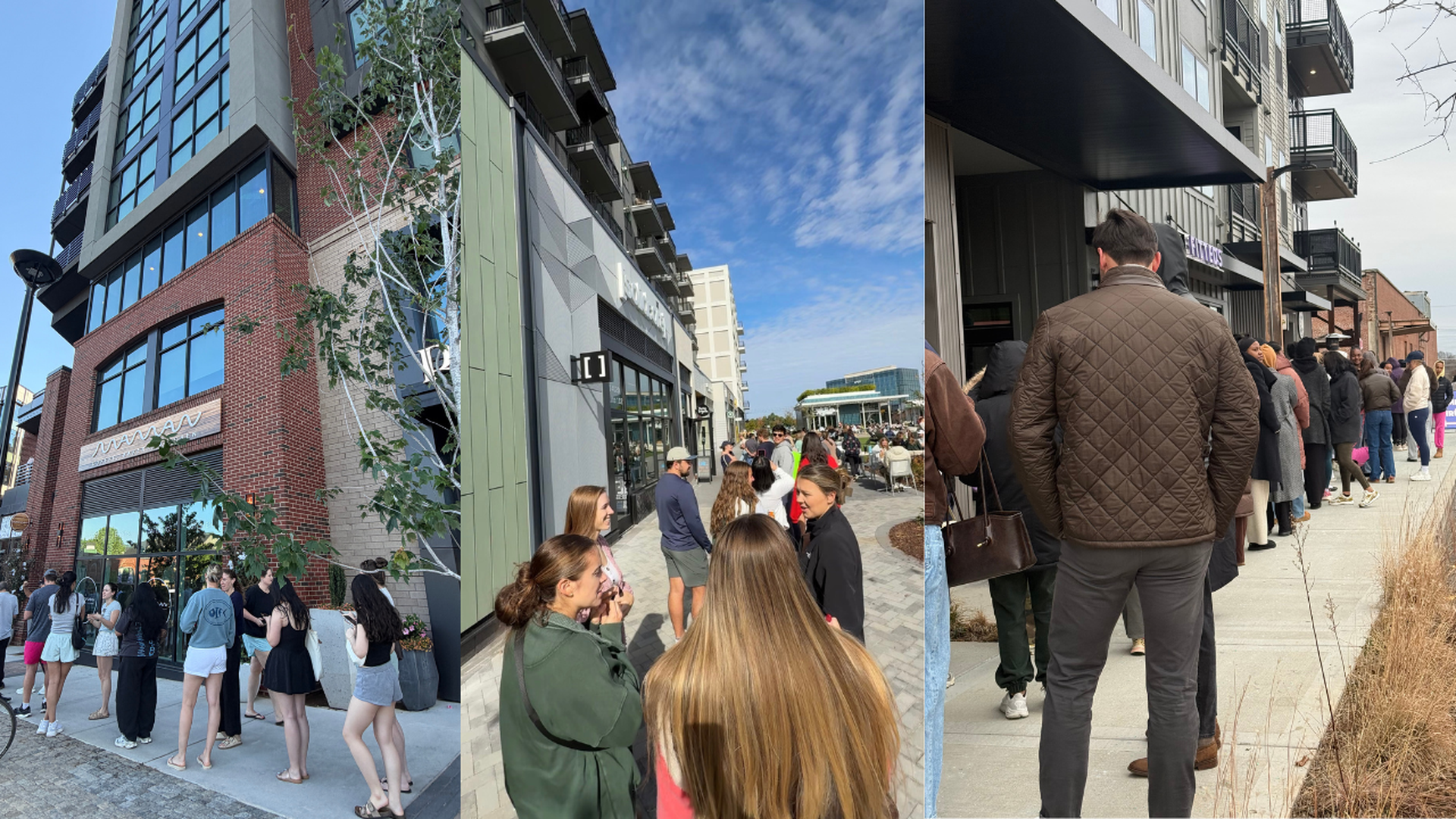 Three-panel street scene: people queue outside shops along a modern urban block with brick and glass buildings; a man in a brown quilted jacket stands in the foreground on the right.