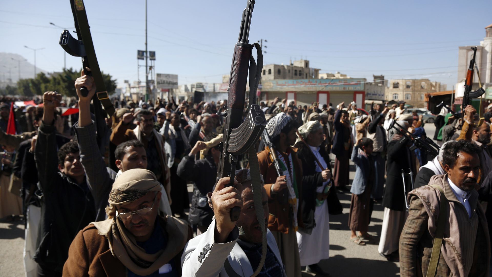 Yemeni protestors loyal to the Houthi movement during a demonstration against Israel's ongoing war with Gaza in Sanaa, Yemen, on Jan. 11.