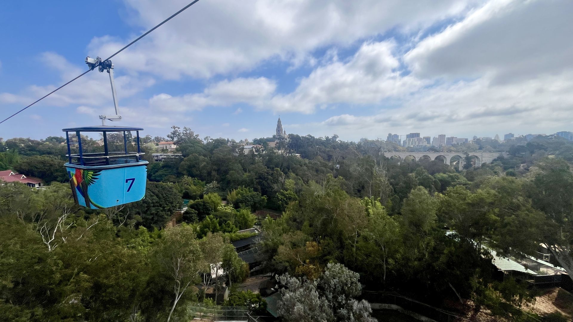 Blue cable car numbered 7 with a parrot image, suspended over a green forest with a city skyline, Cabrillo bridge, California Tower and cloudy blue sky in the background.