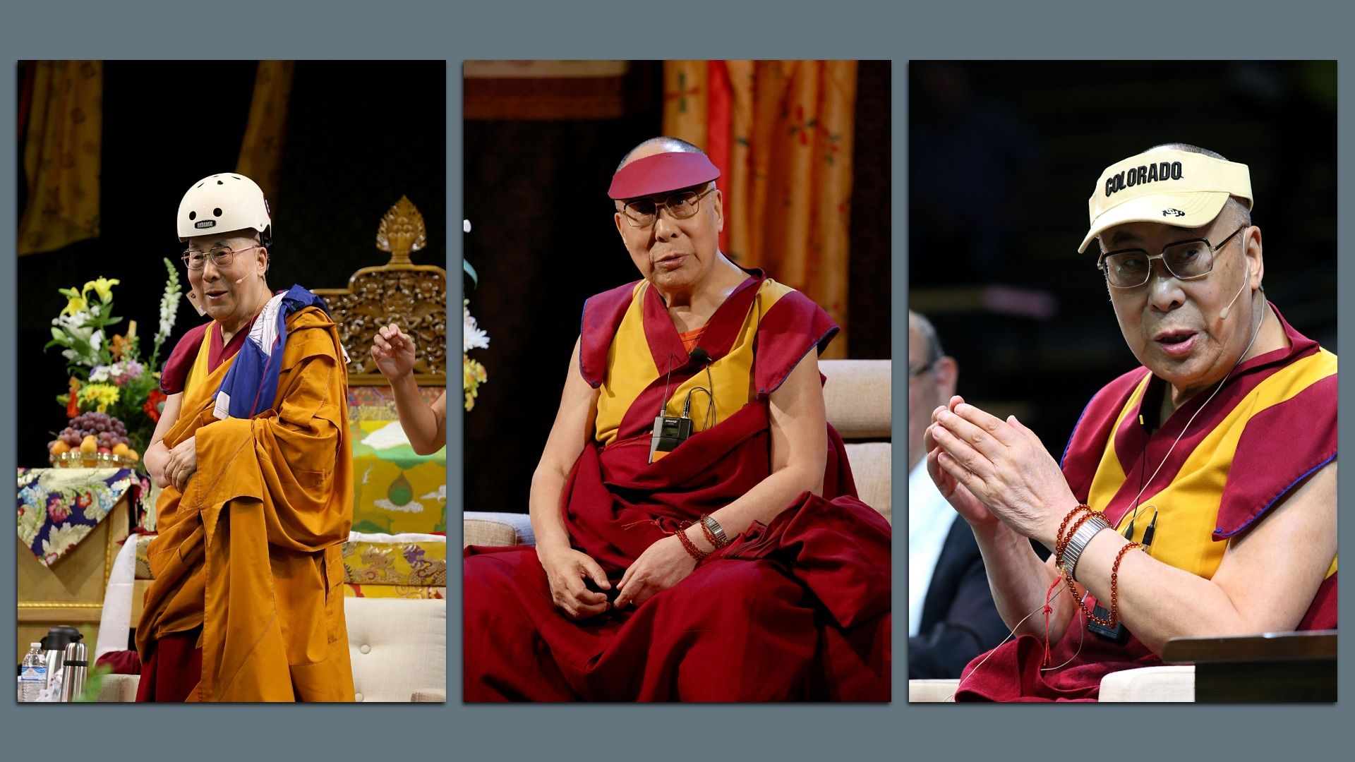 Triptych of the Dalai Lama in maroon and saffron robes on stage: left wears a white helmet, center with pink visor, right with a cream Colorado cap; floral arrangements and ornate backdrop.
