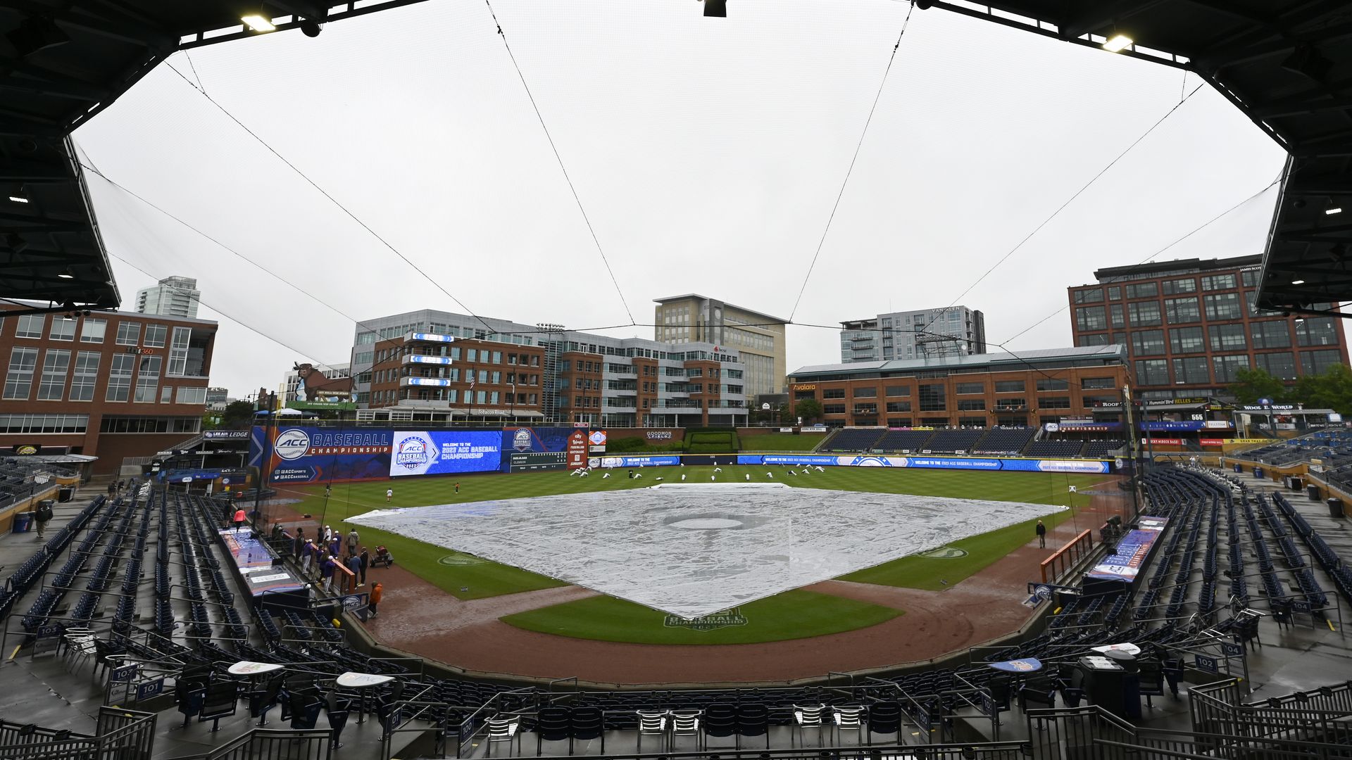 DURHAM, NORTH CAROLINA - MAY 28: The field is seen during a rain delay before the Clemson Tigers play the Miami Hurricanes for the ACC Baseball Championship game at Durham Bulls Athletic Park on May 28, 2023 in Durham, North Carolina. (Photo by Eakin Howard/Getty Images)