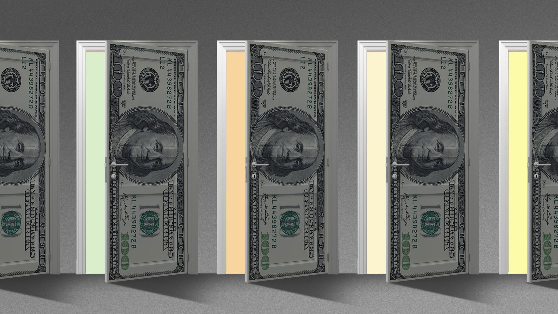 Illustration of a line of doors with hundred dollar overlays 
