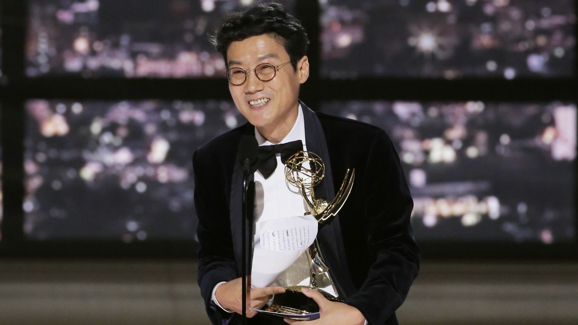 Hwang Dong-hyuk accepts the Outstanding Directing for a Drama Series award for "Squid Game - Red Light , Green Light" at the Emmy Awards in Los Angeles Monday.