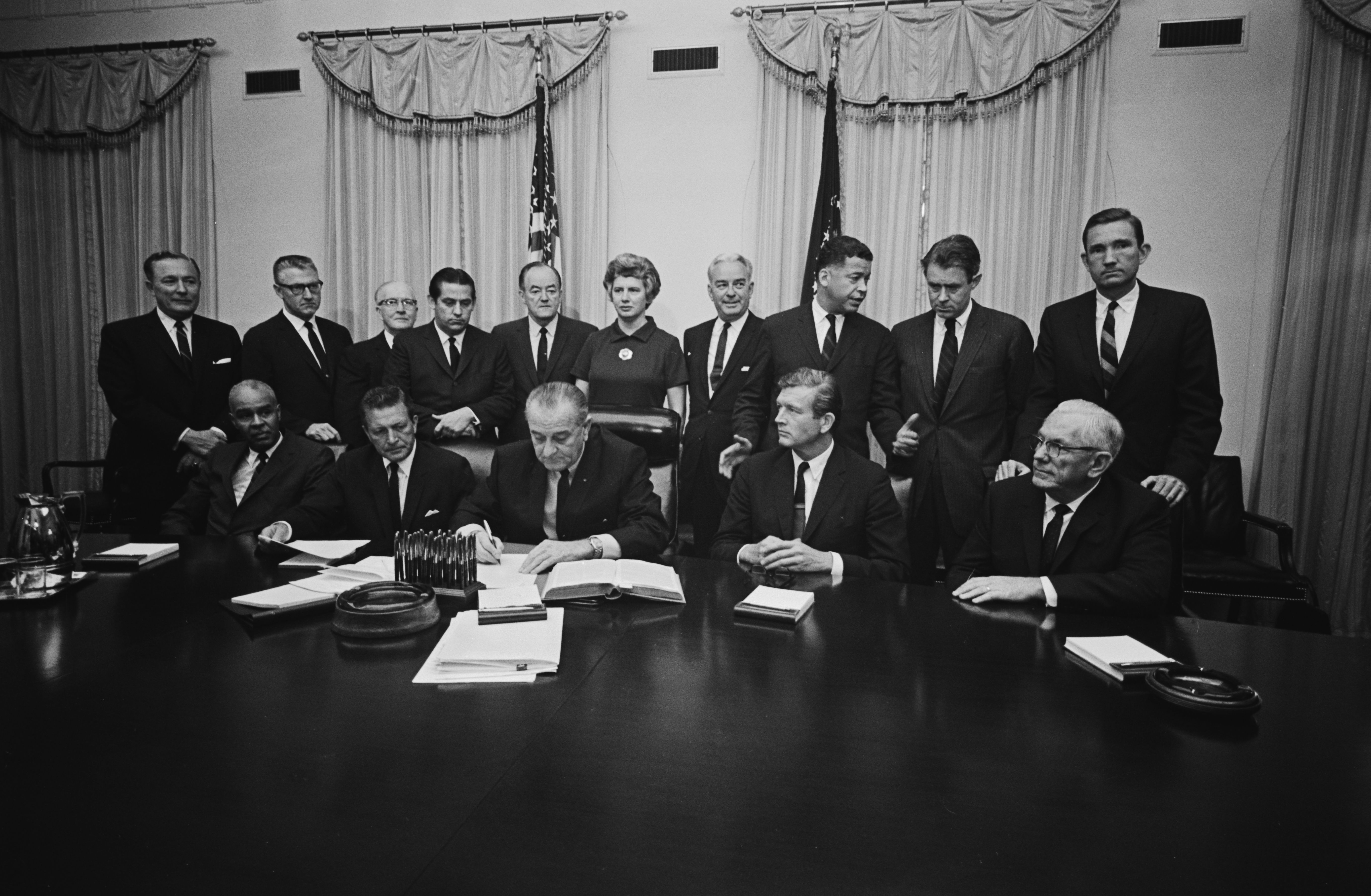President Johnson (seated, centre) at the first meeting of the National Advisory Commission on Civil Disorders, also known as the Kerner Commission, in the Cabinet Room of the White House, Washington, D.C., July, 31, 1967.