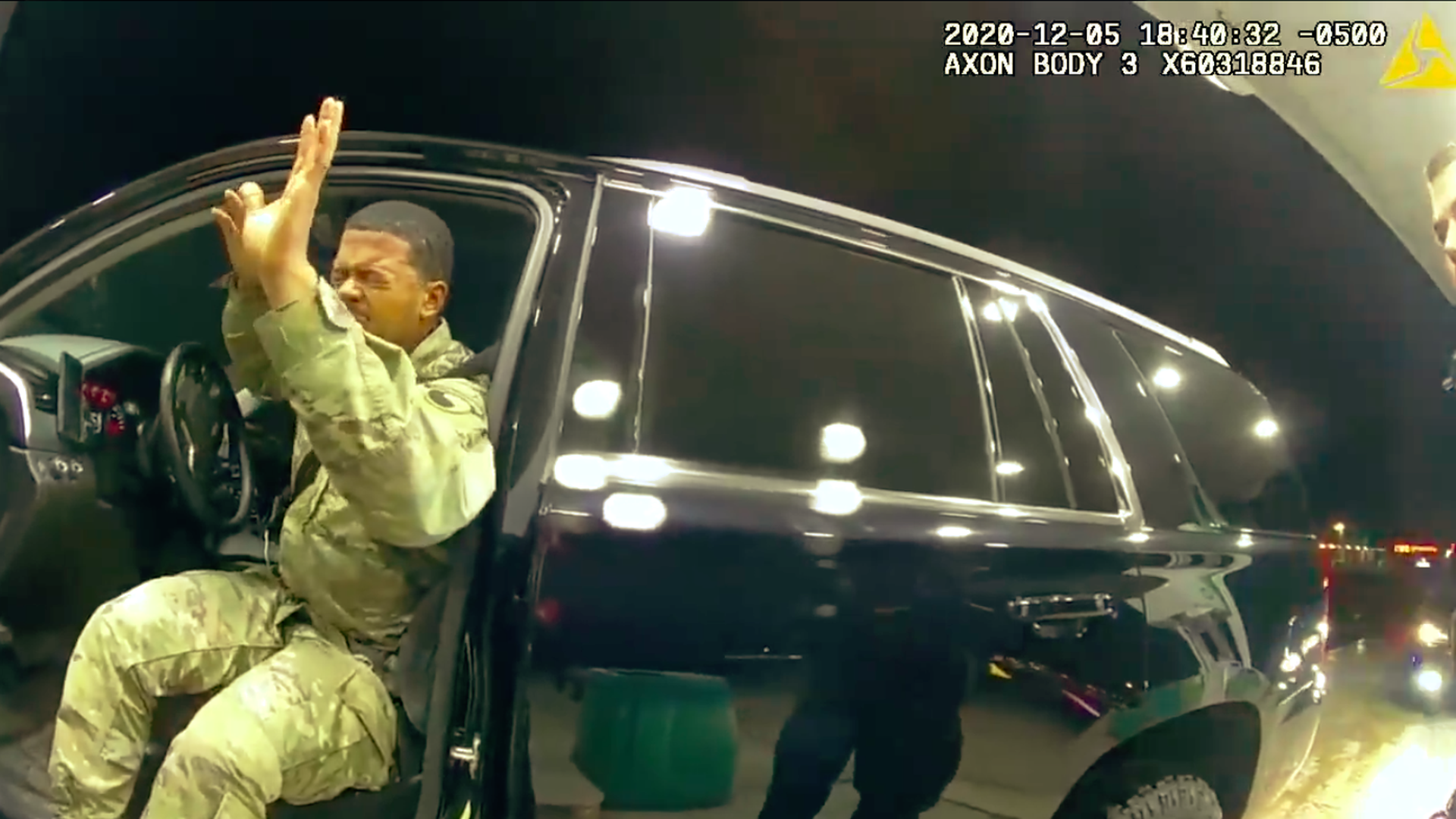 A screenshot from bodycam footage showing U.S. Army Lt. Caron Nazario during the traffic stop in December, when he was pepper-sprayed.