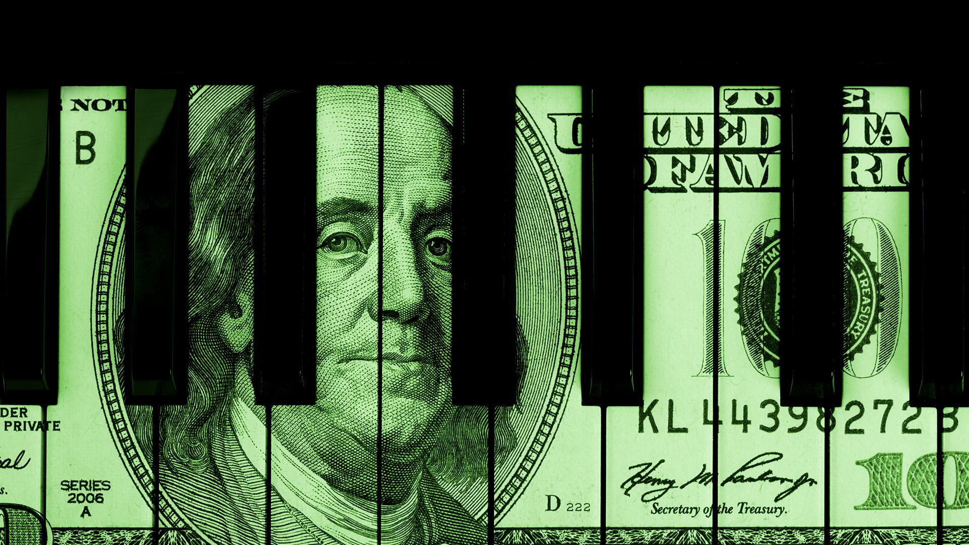 Illustration of a piano keyboard made of a hundred dollar bill.