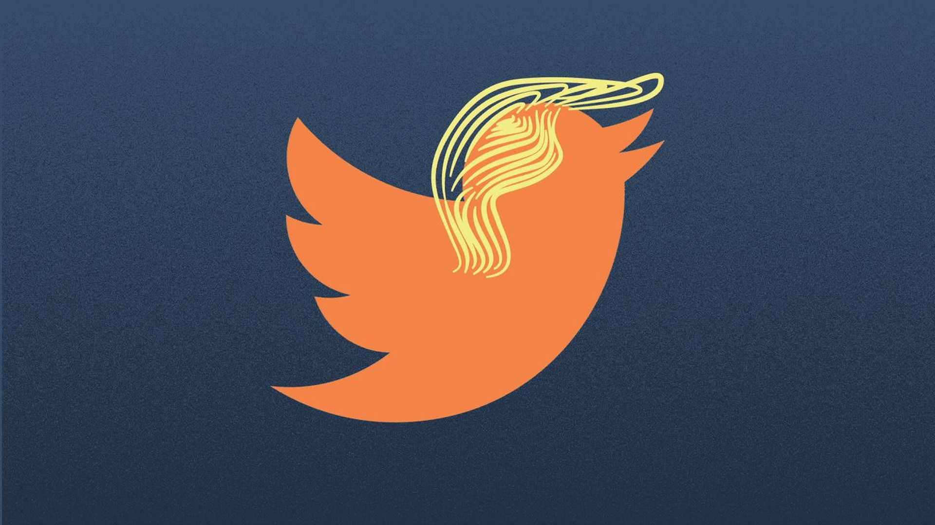 Illustration of an orange Twitter logo with hair like Donald Trump's.