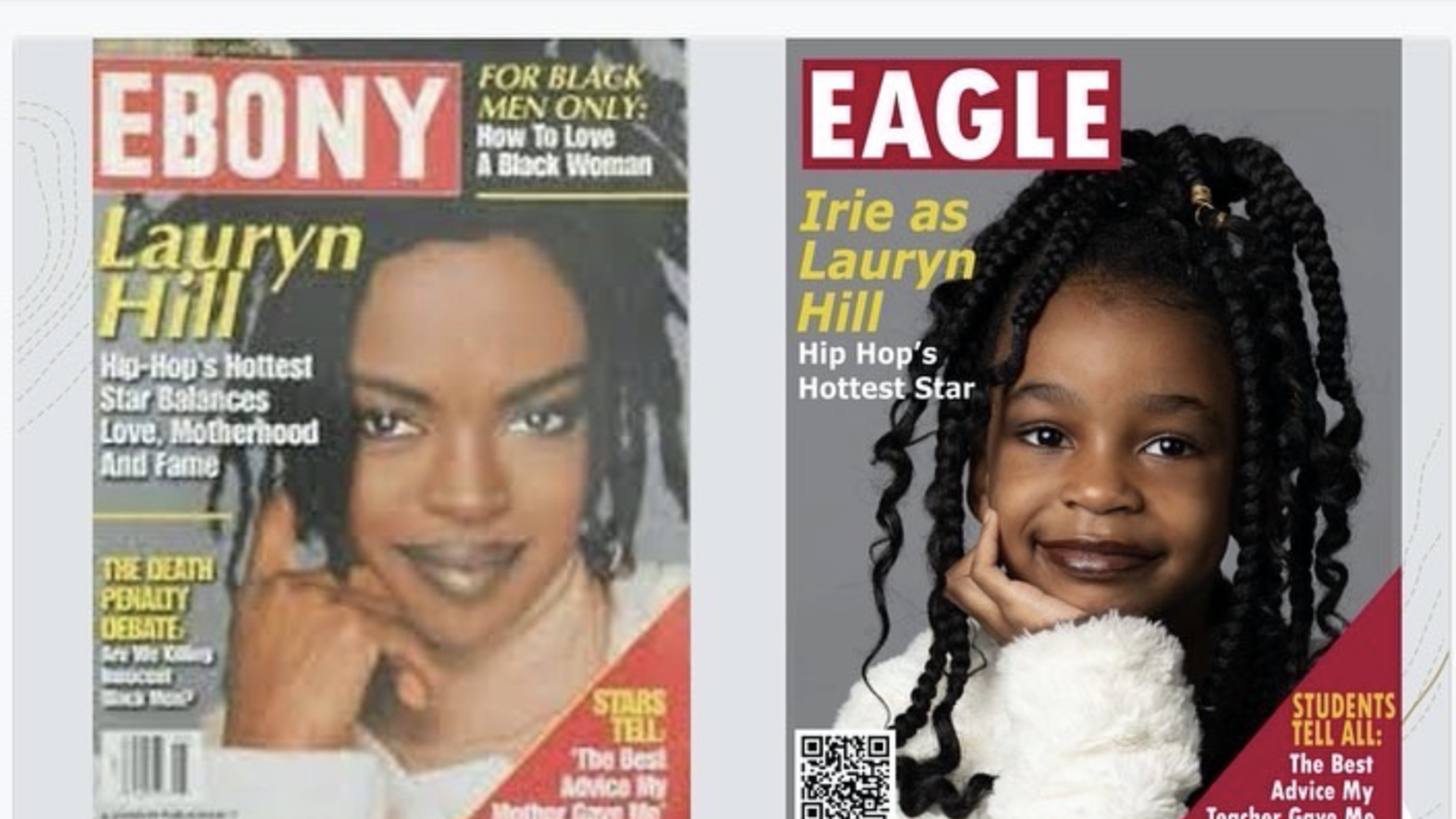 A student recreating an Ebony Magazine cover of Lauryn Hill.